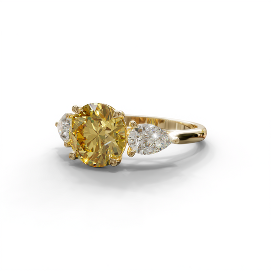5 Carat Yellow Round & Pear Cut Three Stone Lab Diamond Ring - Luminous