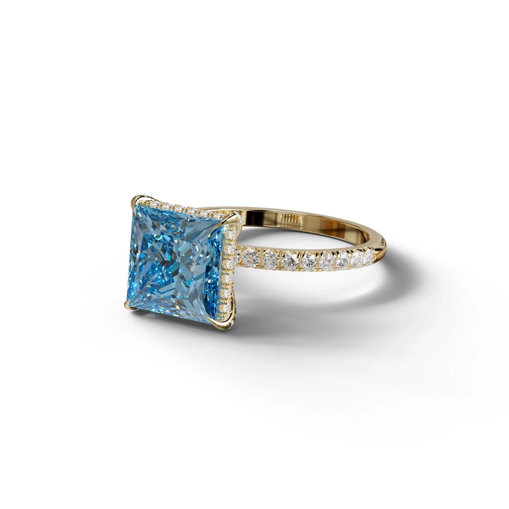 3 Carat Blue Princess Cut Hidden Halo & Pave Lab Diamond Ring
