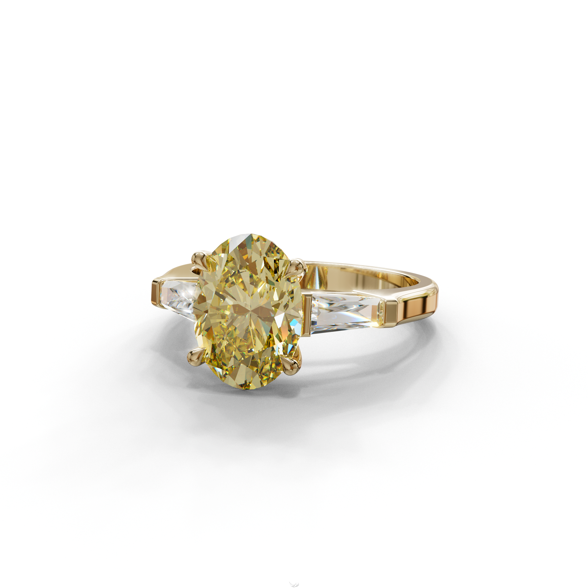 3 Carat Fancy Yellow Oval & Tapered Baguette Lab Grown Diamond Three Stone Engagement Ring