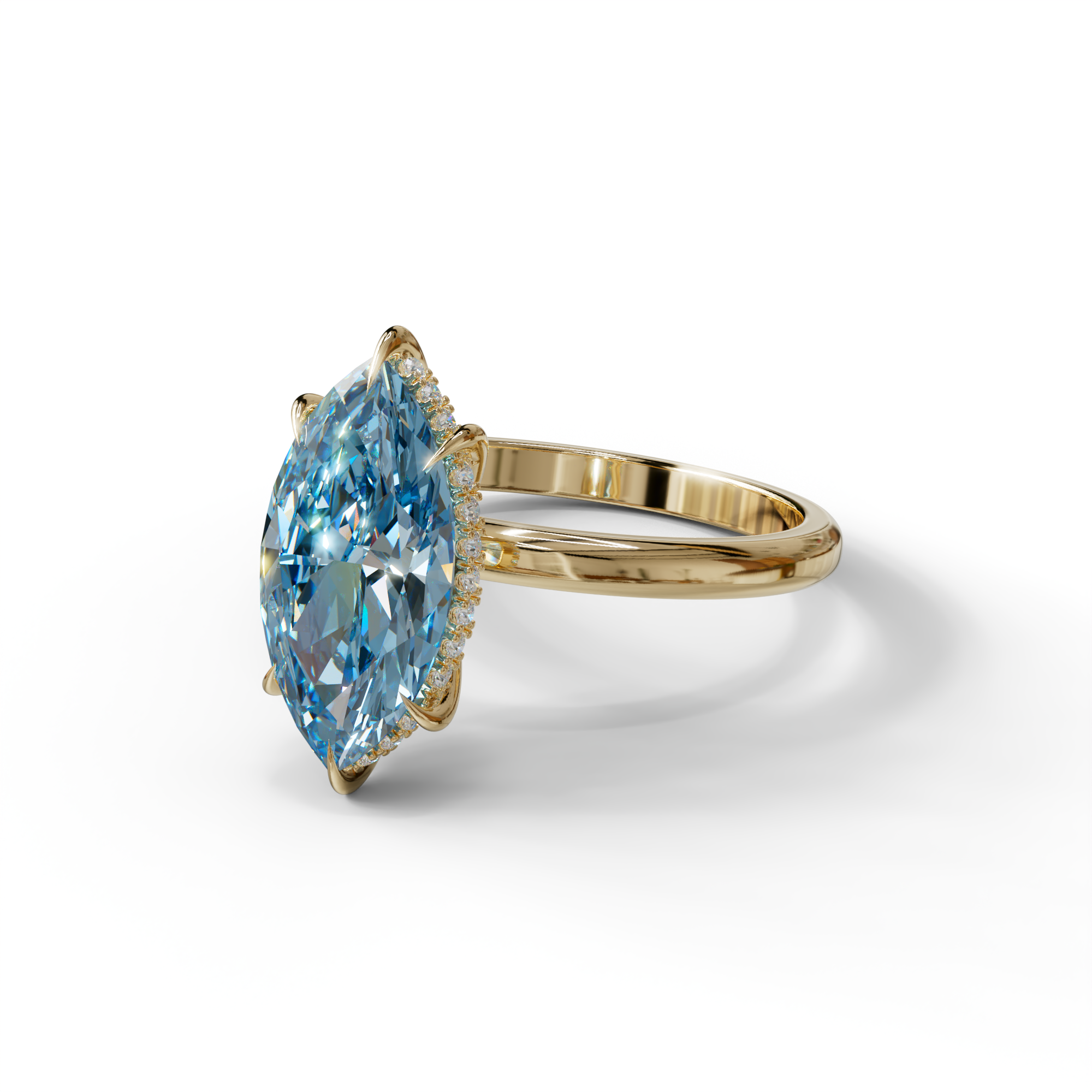 3.5 Carat Blue Marquise Cut Hidden Halo & Claw Setting Lab Grown Diamond Ring - Meraviglioso