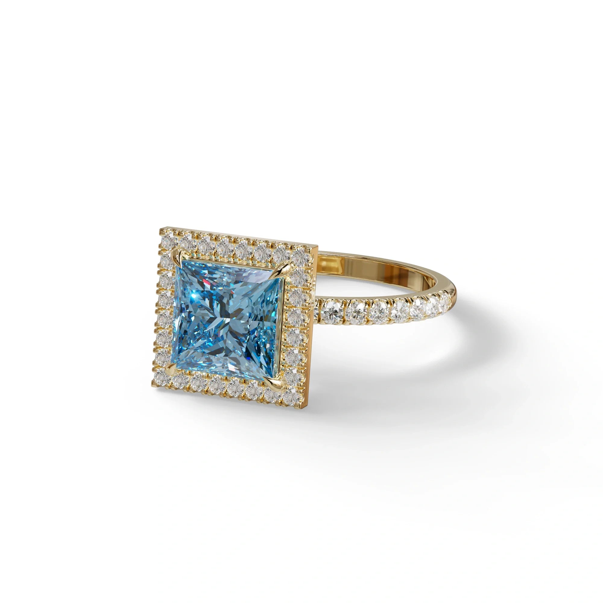 2 Carat Blue Princess Cut Halo & Pave Lab Diamond Ring - Diamond Prime