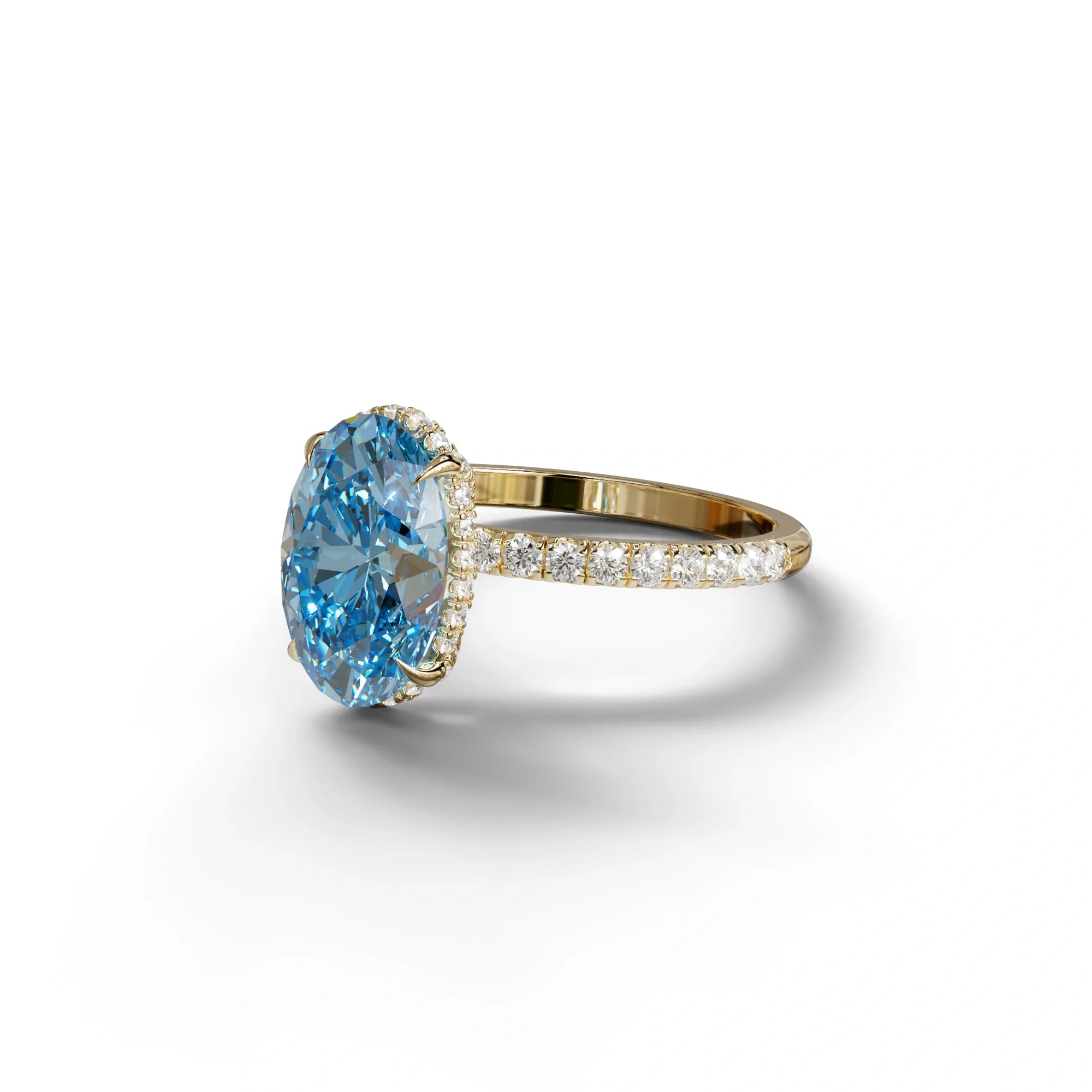 3 Carat Blue Oval Cut Hidden Halo & Pave Setting Lab Grown Diamond Ring