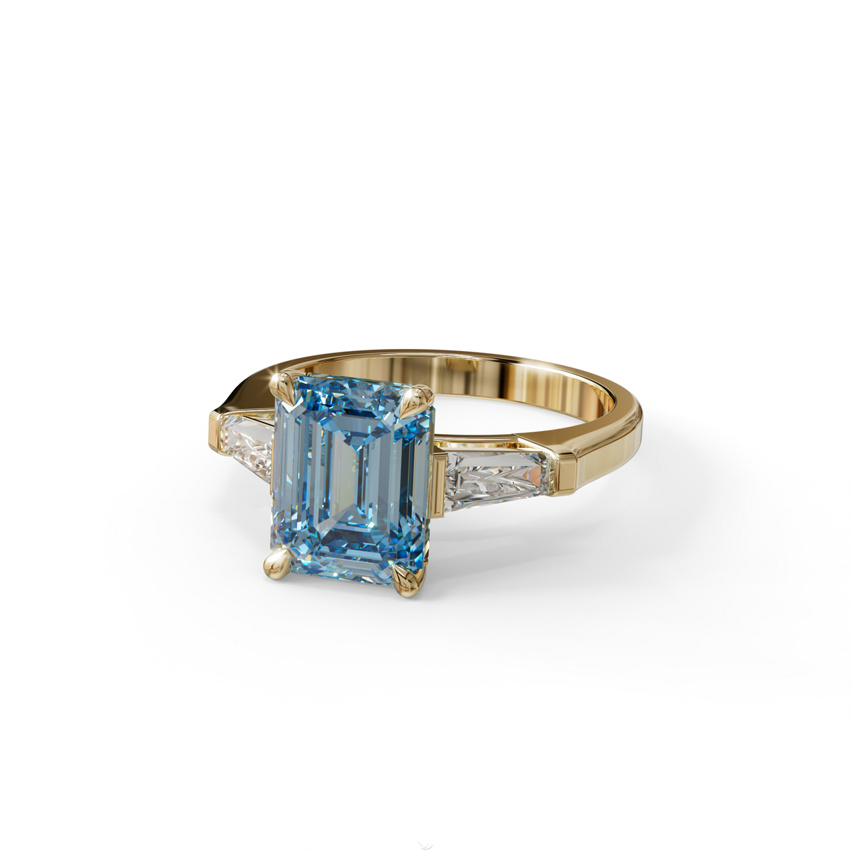 3.75ct Fancy Blue Emerald & Tapered Baguette Three Stone Lab Diamond Ring
