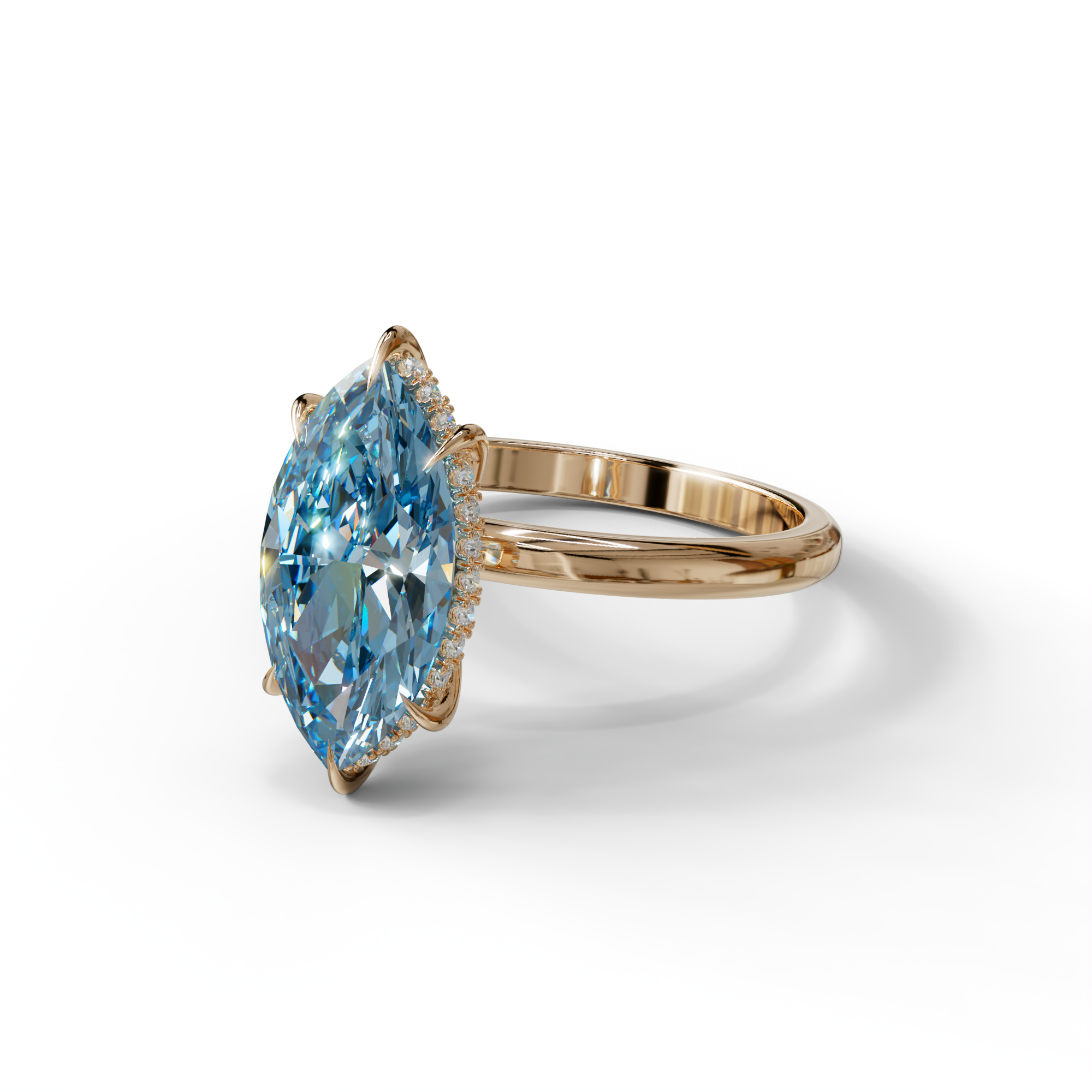 3.5 Carat Blue Marquise Cut Hidden Halo & Claw Setting Lab Grown Diamond Ring - Meraviglioso