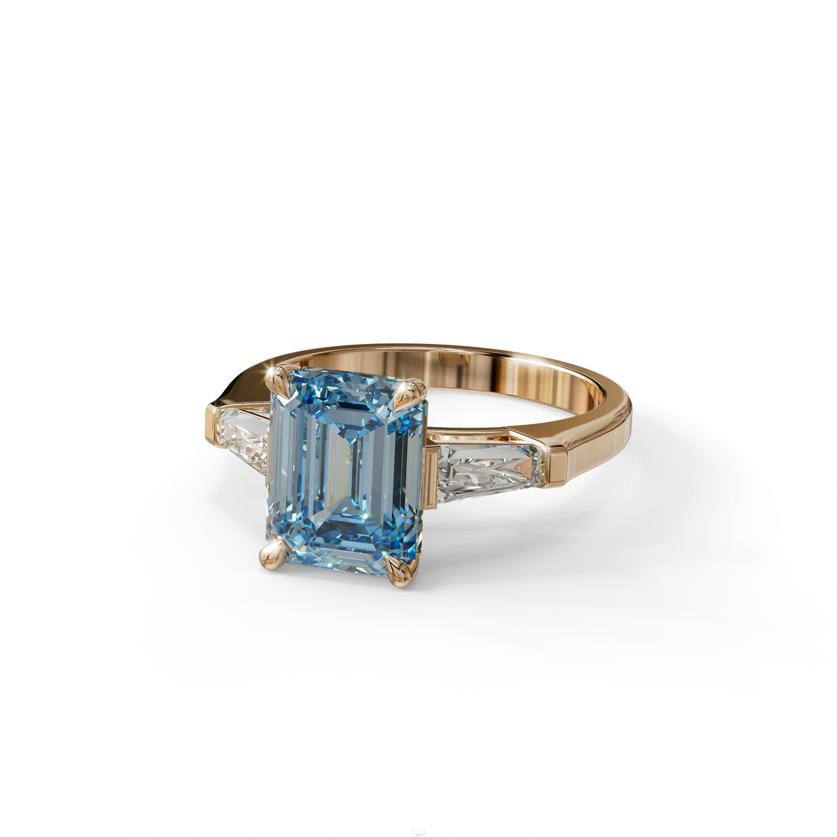 3.75ct Fancy Blue Emerald & Tapered Baguette Three Stone Lab Diamond Ring