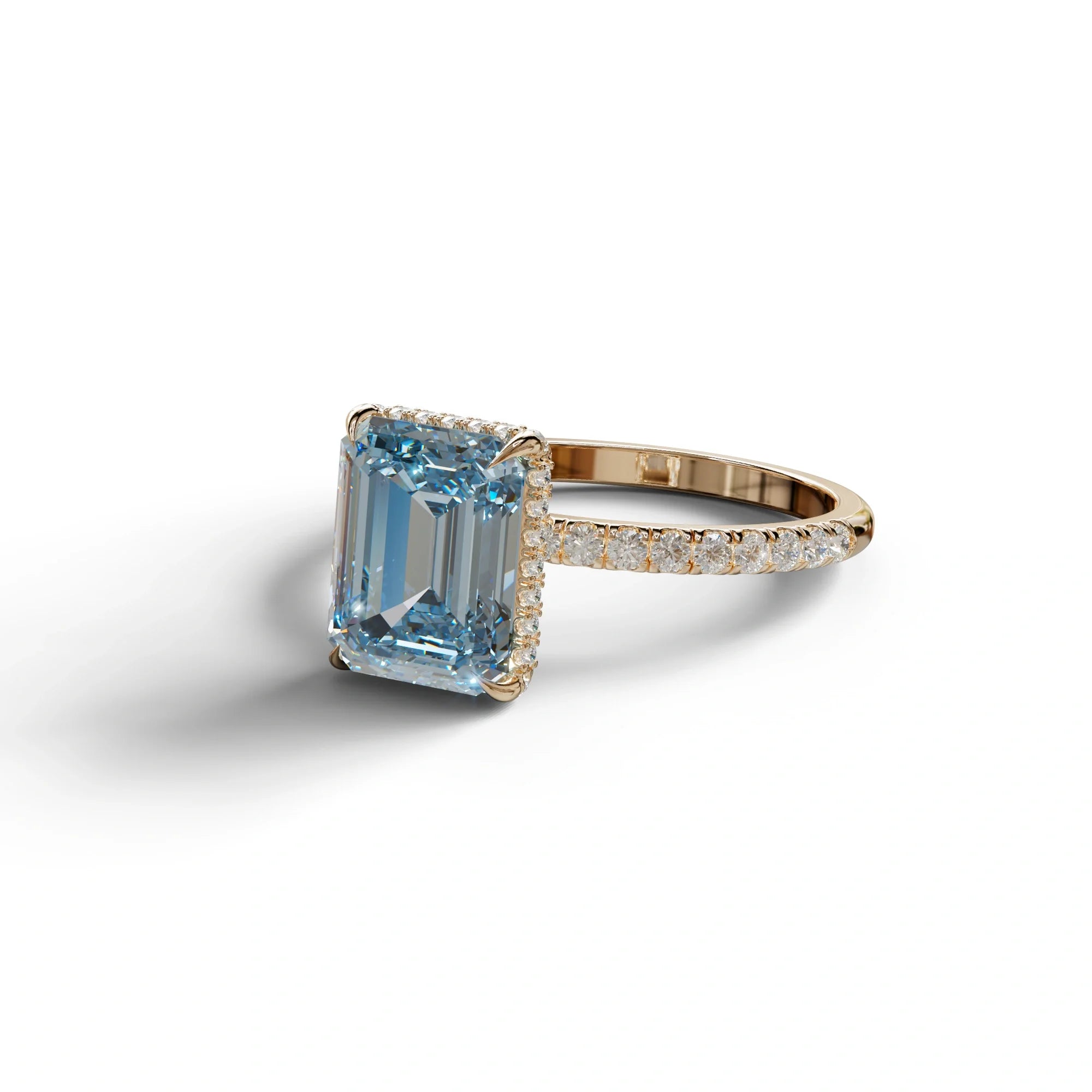 3 Carat Blue Emerald Cut Lab Diamond In Hidden Halo & Pave Setting Ring