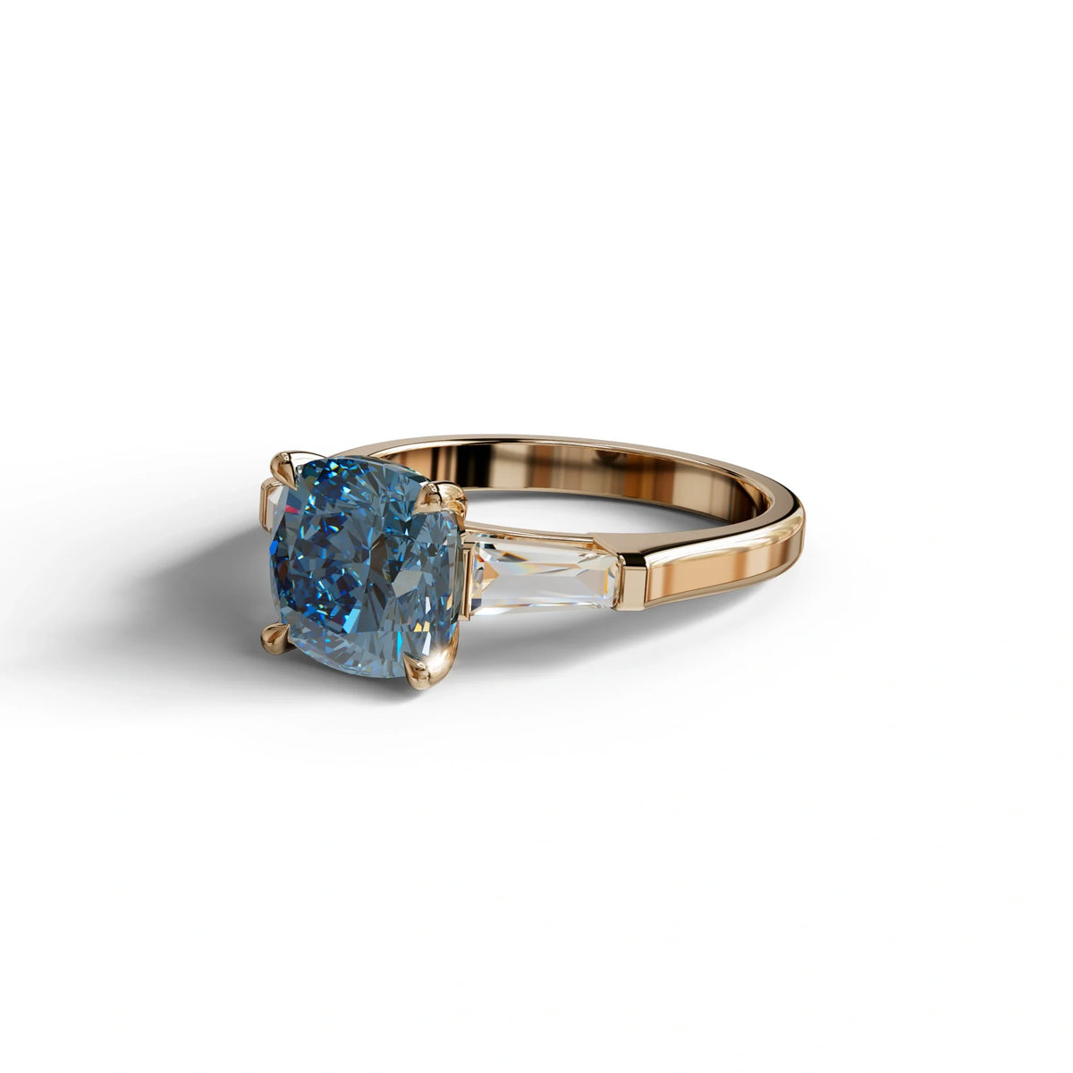 3 Carat Blue Cushion & Tapered Baguette Three Stone Engagement Ring