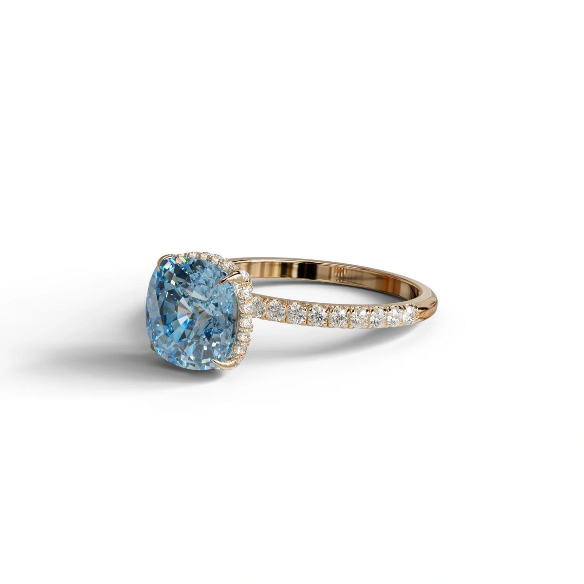2.5 Carat Blue Cushion Cut Hidden Halo & Pave Lab Grown Diamond Ring