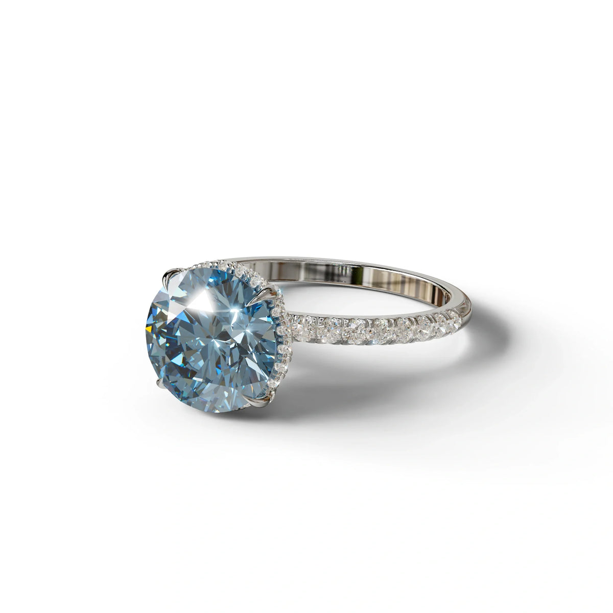 3.5 Carat Blue Round Cut Lab Diamond Ring - Halo & Pave Setting Wedding Ring