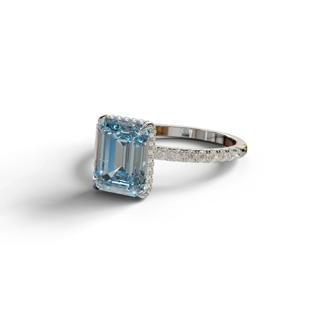 3 Carat Blue Emerald Cut Lab Diamond In Hidden Halo & Pave Setting Ring