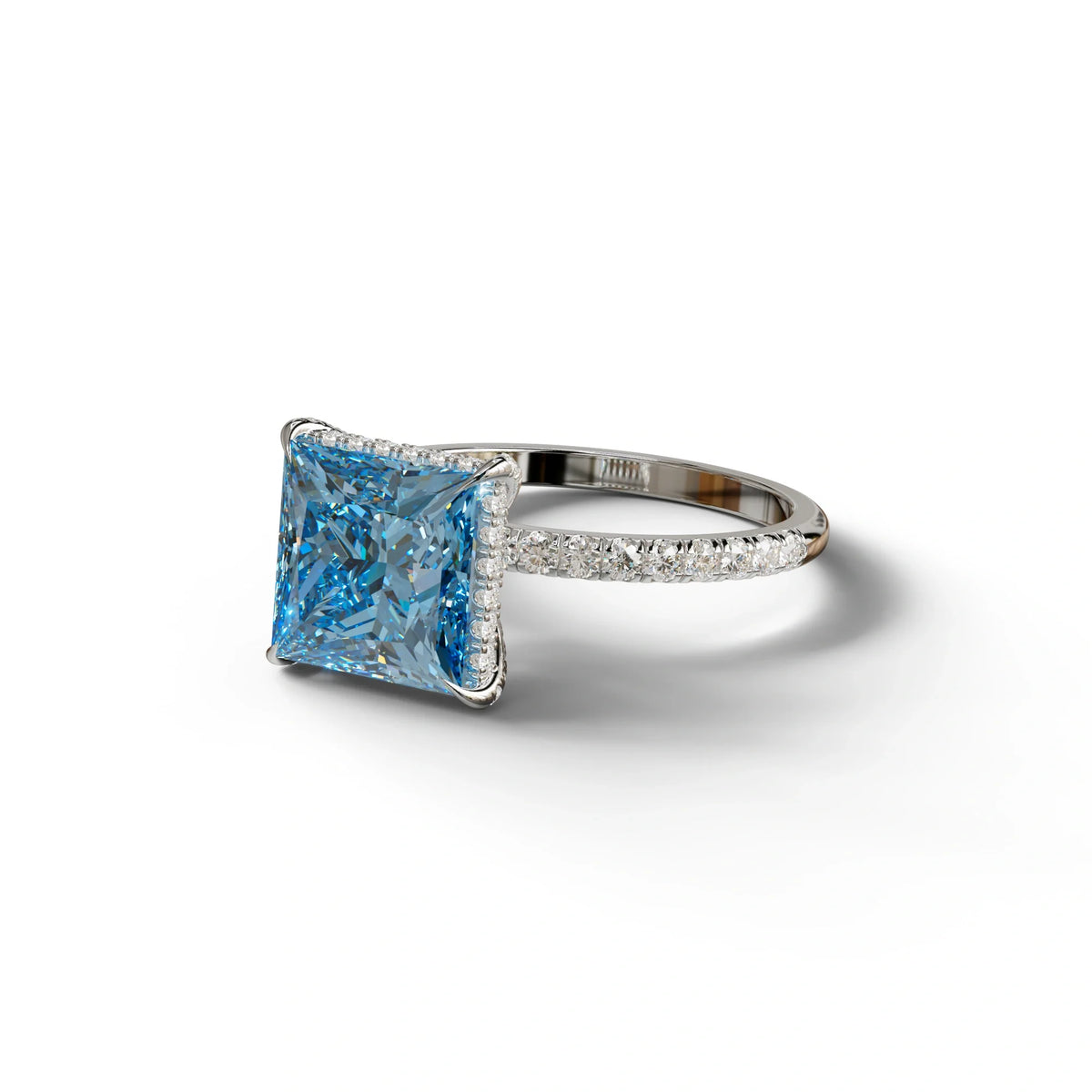 3 Carat Blue Princess Cut Hidden Halo & Pave Lab Diamond Ring