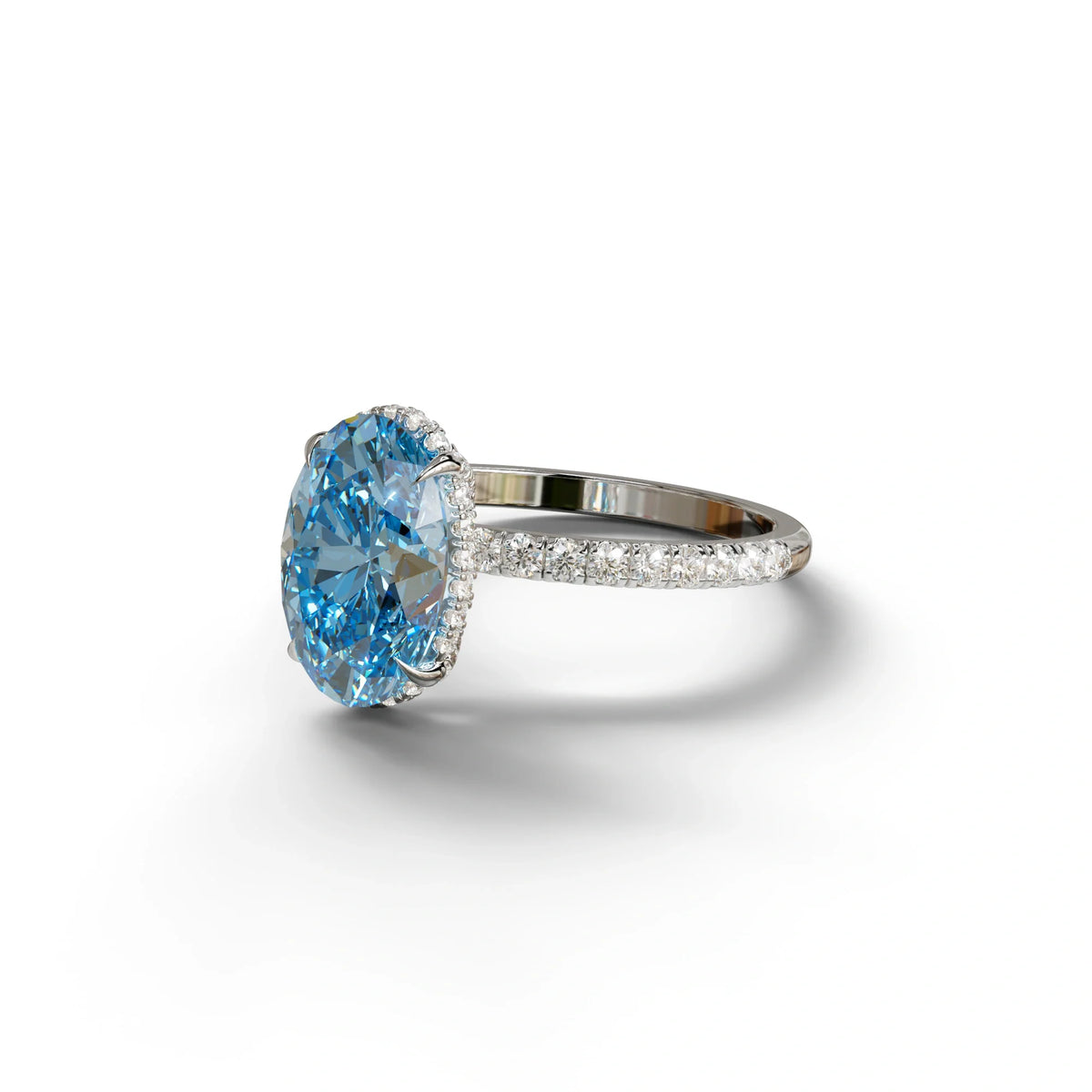 3 Carat Blue Oval Cut Hidden Halo & Pave Setting Lab Grown Diamond Ring