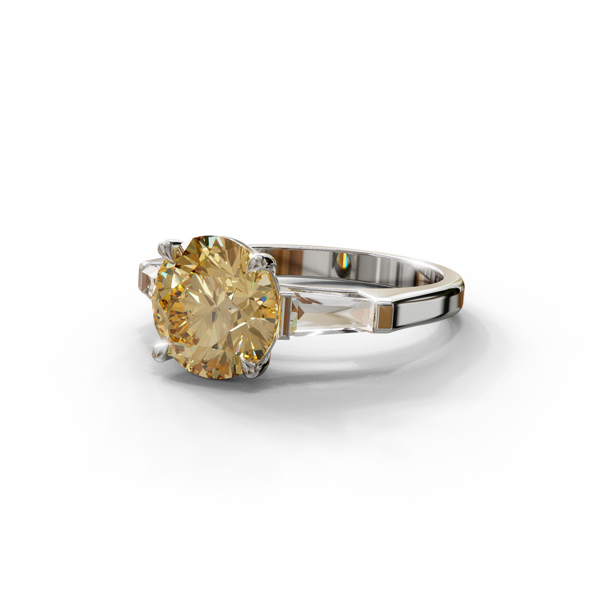 3 Carat Yellow Round & Tapered Cut Multi Stone Lab Diamond Ring - Reflection