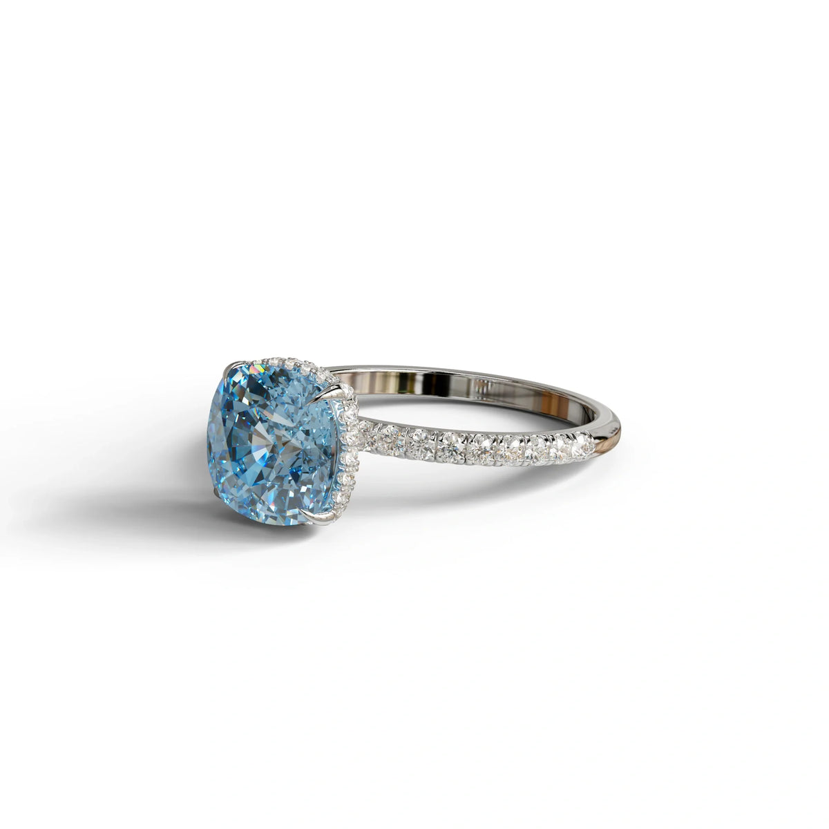 2.5 Carat Blue Cushion Cut Hidden Halo & Pave Lab Grown Diamond Ring