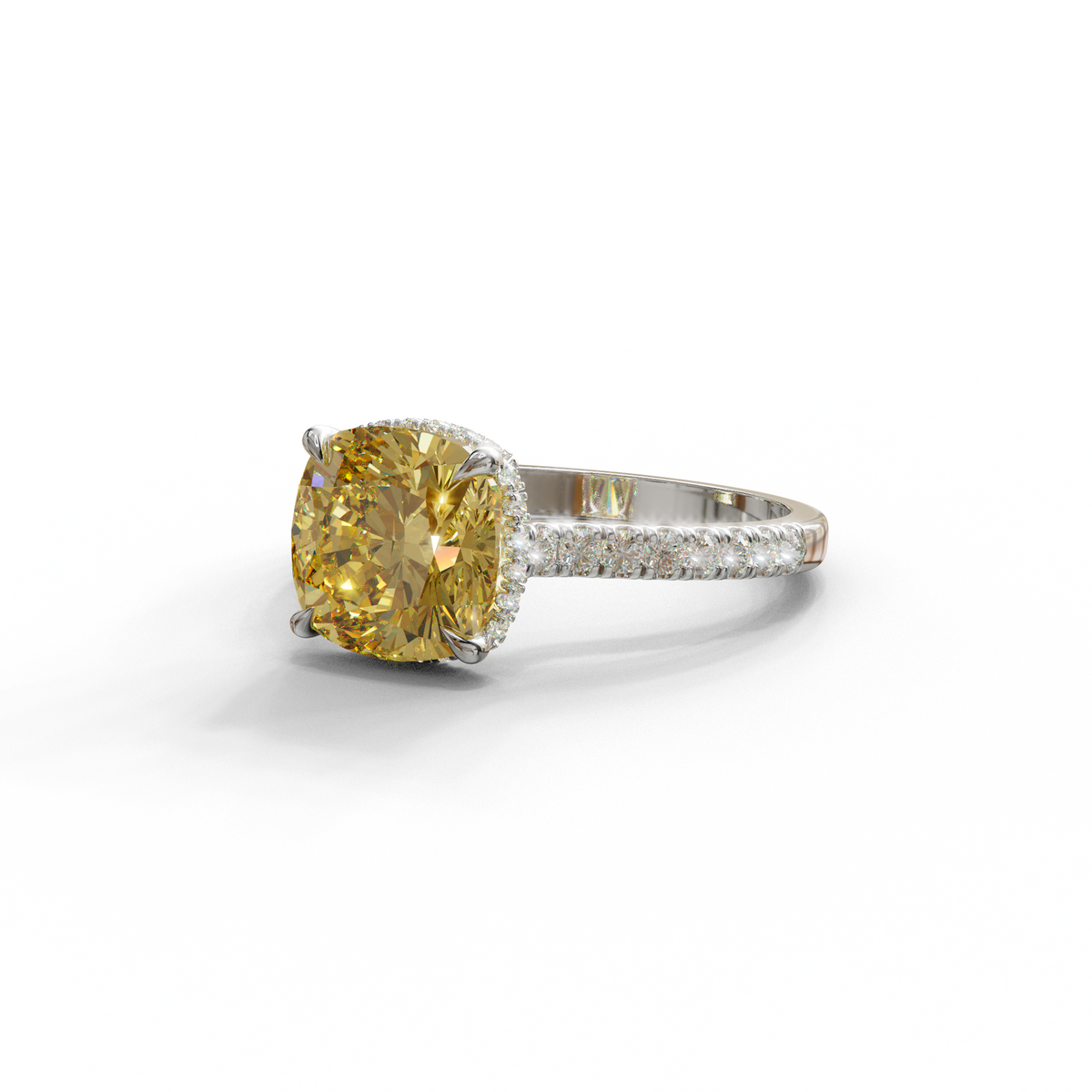 2.5 Carat Yellow Cushion Cut Hidden Halo & Pave Lab Diamond Ring - Éblouissant