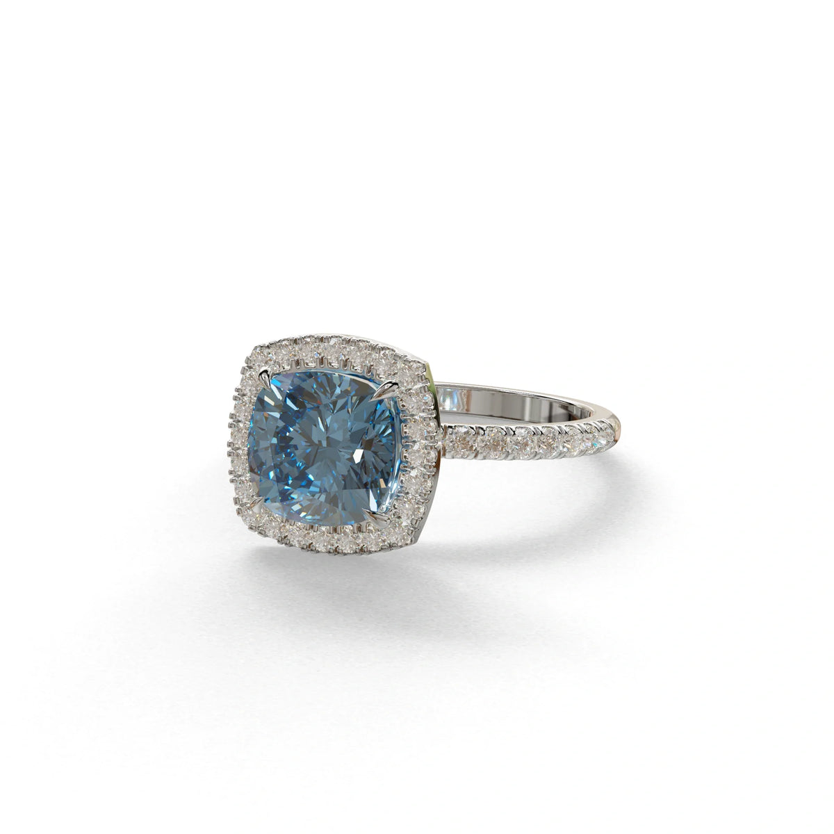 Blue Cushion Cut Halo & Pave Lab Grown Diamond Engagement Ring - Rosa
