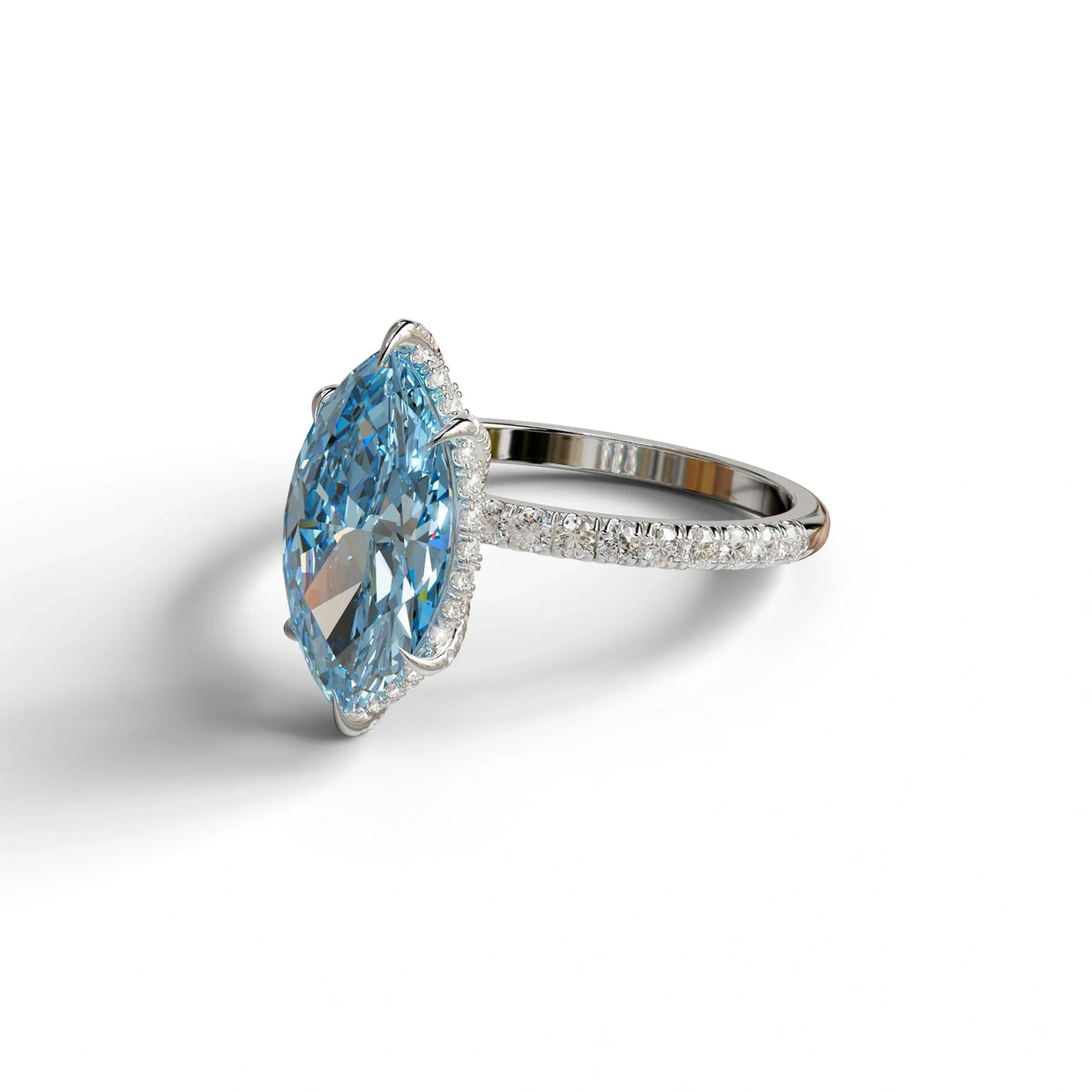 3 Carat Blue Marquise Cut Lab Diamond In Hidden Halo & Pave Setting Ring