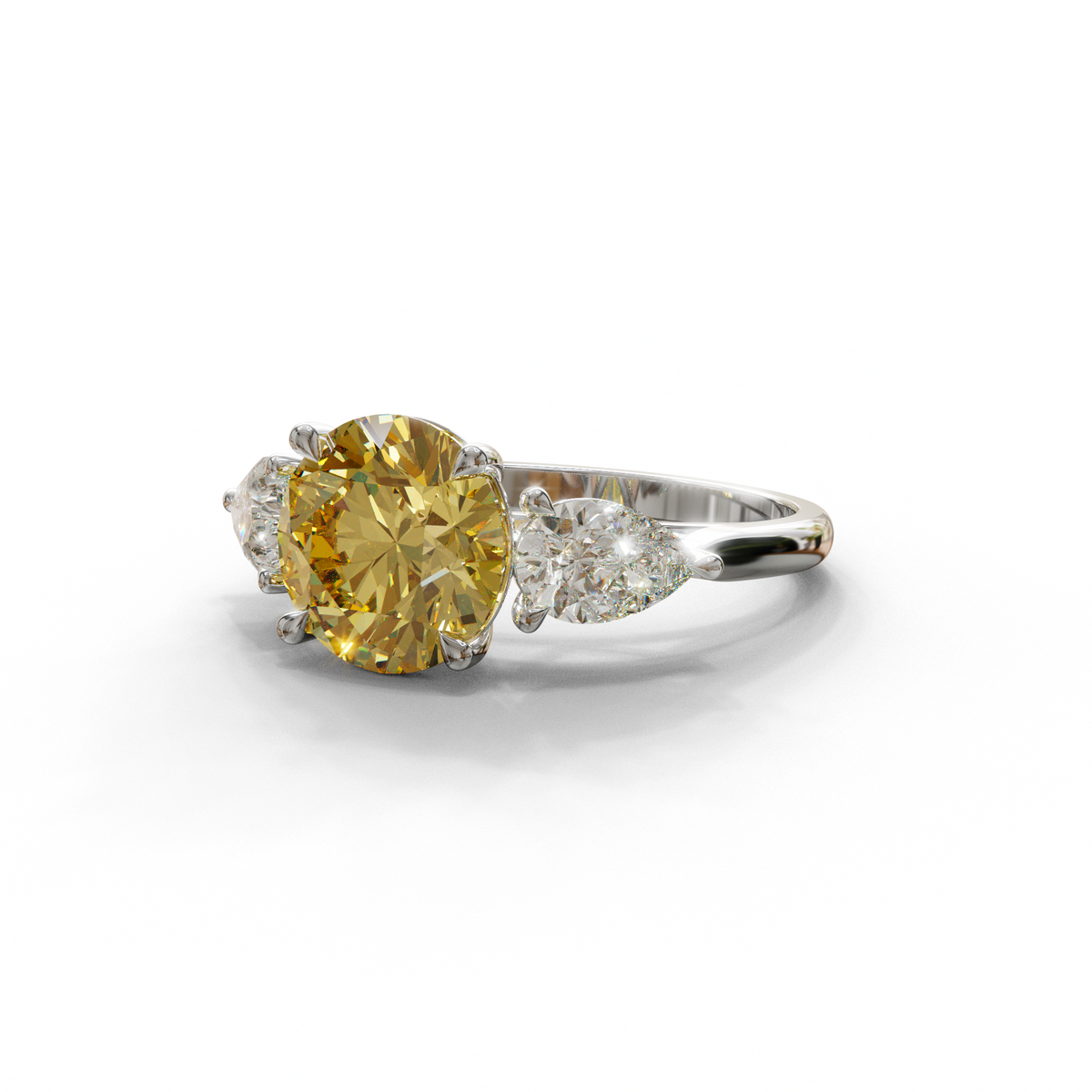 4 Carat Yellow Round & Pear Cut Three Stone Lab Diamond Ring - Luminous