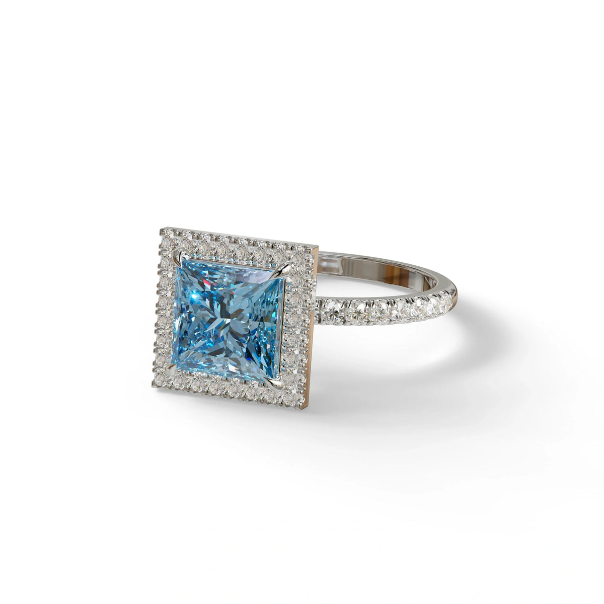 2 Carat Blue Princess Cut Halo & Pave Lab Diamond Ring - Diamond Prime