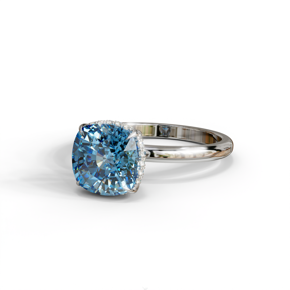 3 Carat Blue Cushion Lab Diamond Hidden Halo Ring