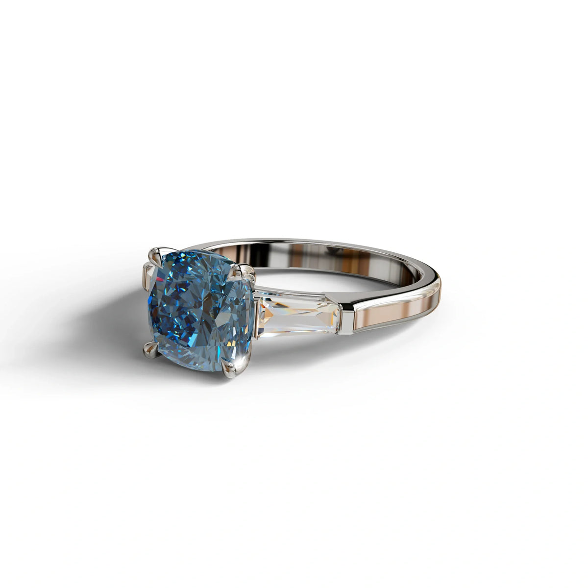3 Carat Blue Cushion & Tapered Baguette Three Stone Engagement Ring