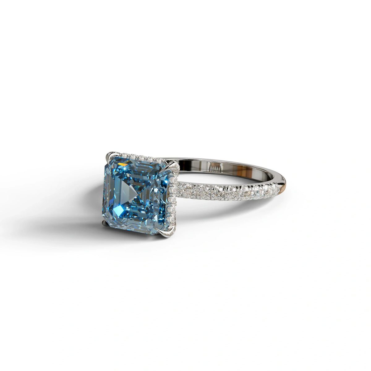 3 Carat Blue Asscher Cut Hidden Halo & Pave Lab Grown Diamond Ring