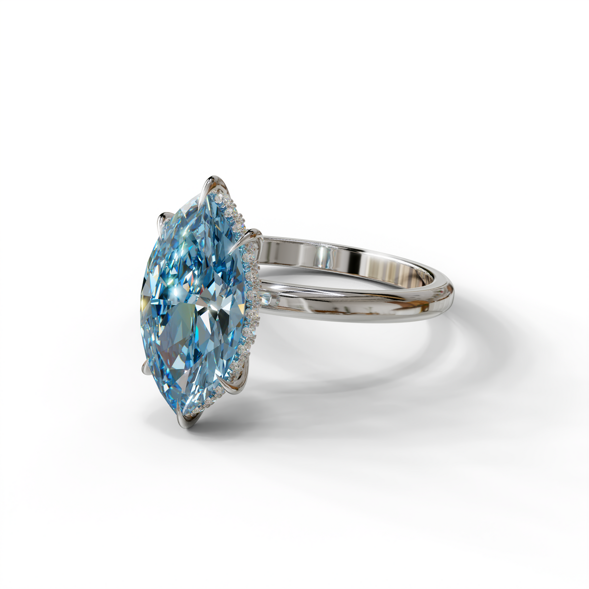 3.5 Carat Blue Marquise Cut Hidden Halo & Claw Setting Lab Grown Diamond Ring - Meraviglioso