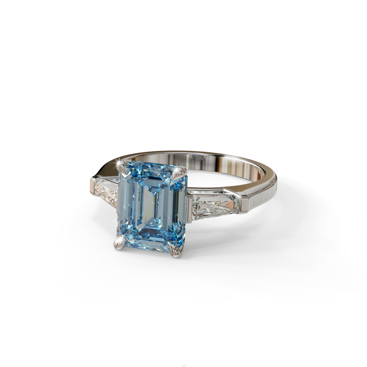 3.75ct Fancy Blue Emerald & Tapered Baguette Three Stone Lab Diamond Ring