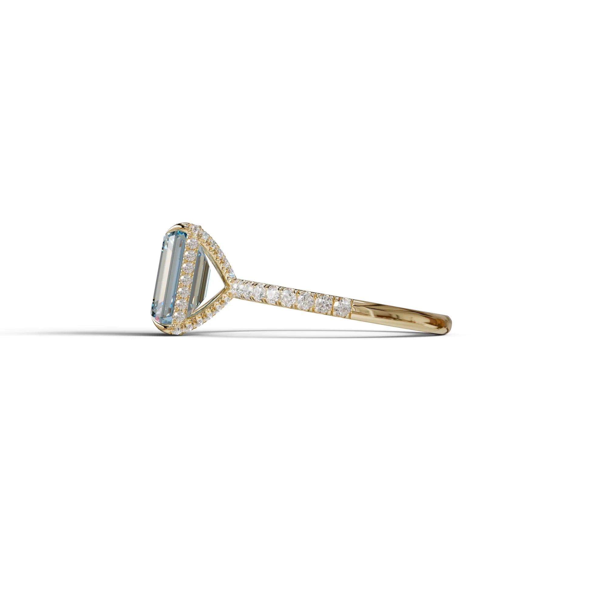 3 Carat Blue Emerald Cut Lab Diamond In Hidden Halo & Pave Setting Ring