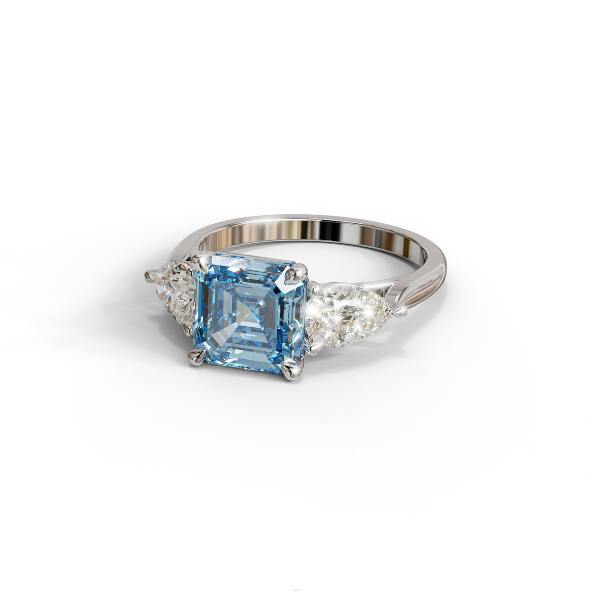4 Carat Fancy Blue Asscher Cut Three Stone Lab Grown Diamond Engagement Ring