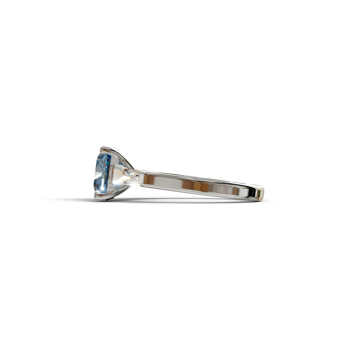3 Carat Blue Cushion & Tapered Baguette Three Stone Engagement Ring