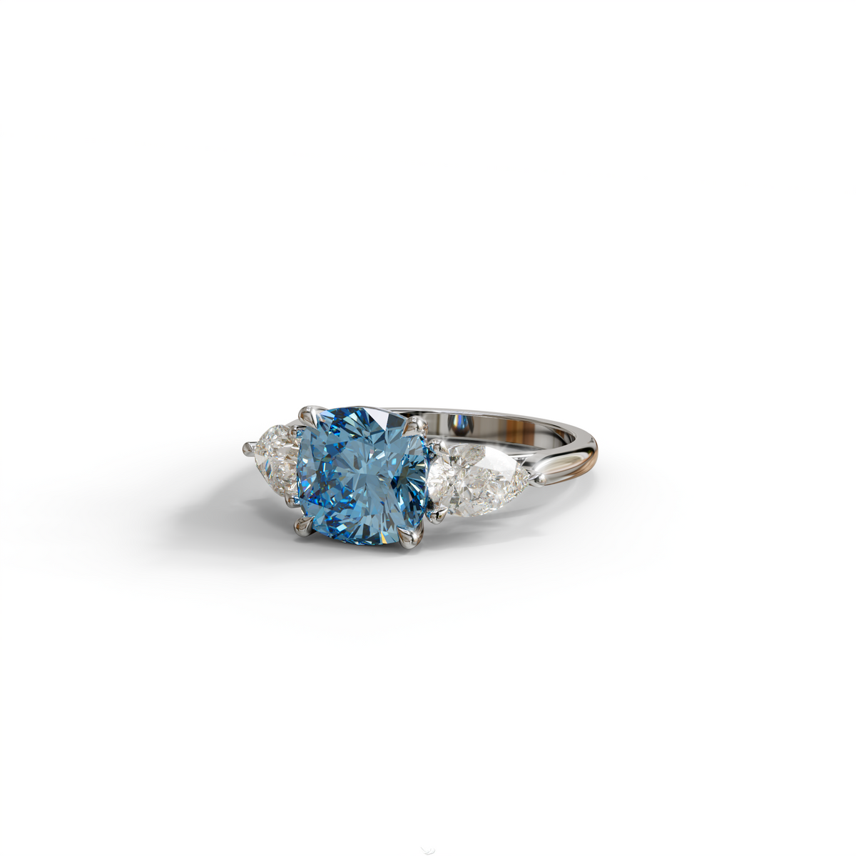 3 Ct Blue Cushion Cut Lab Diamond In 3 Stones Claw Prongs Setting Ring