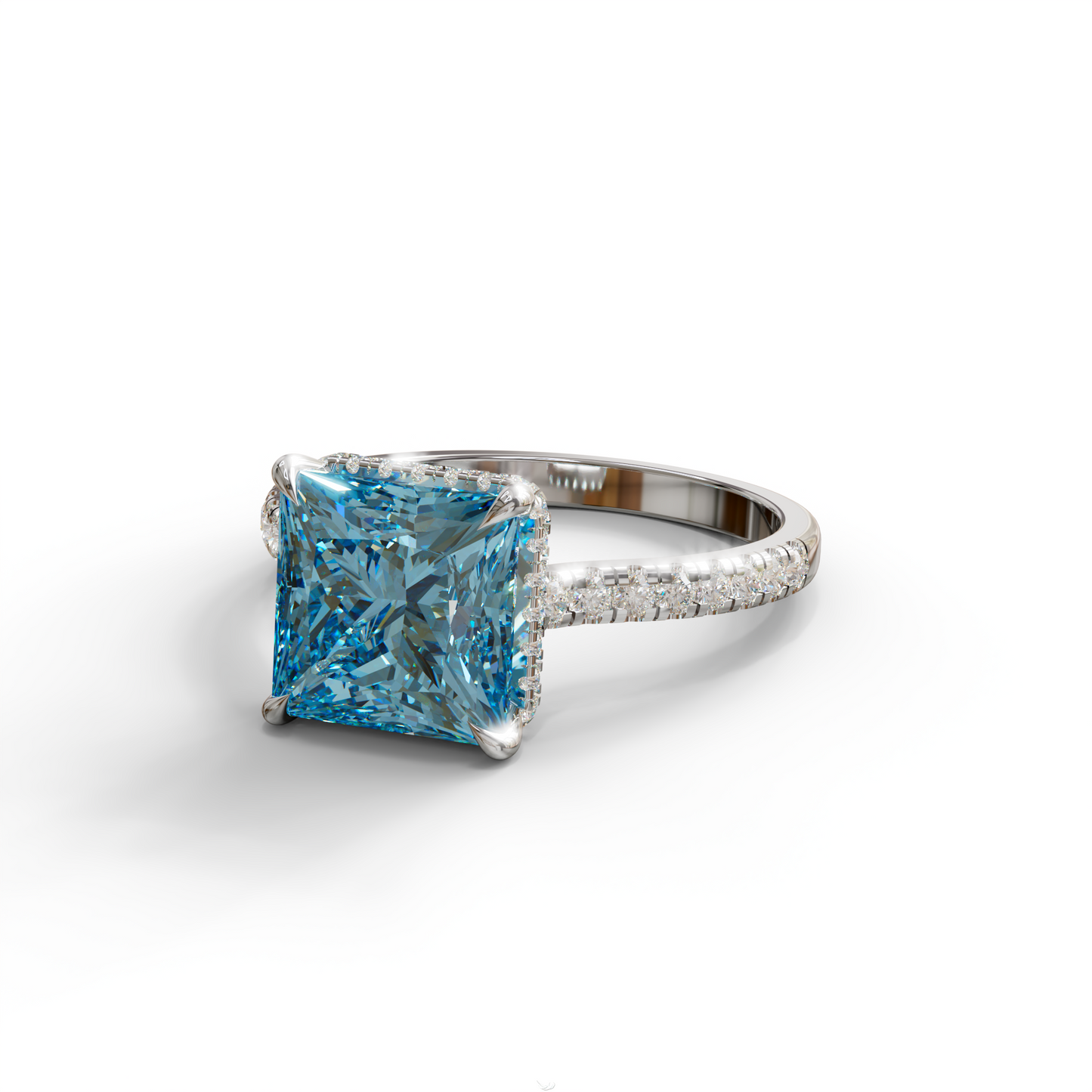 3 Carat Blue Square‑Cut Center Stone Engagement Ring – Hidden Halo & Pavé Design