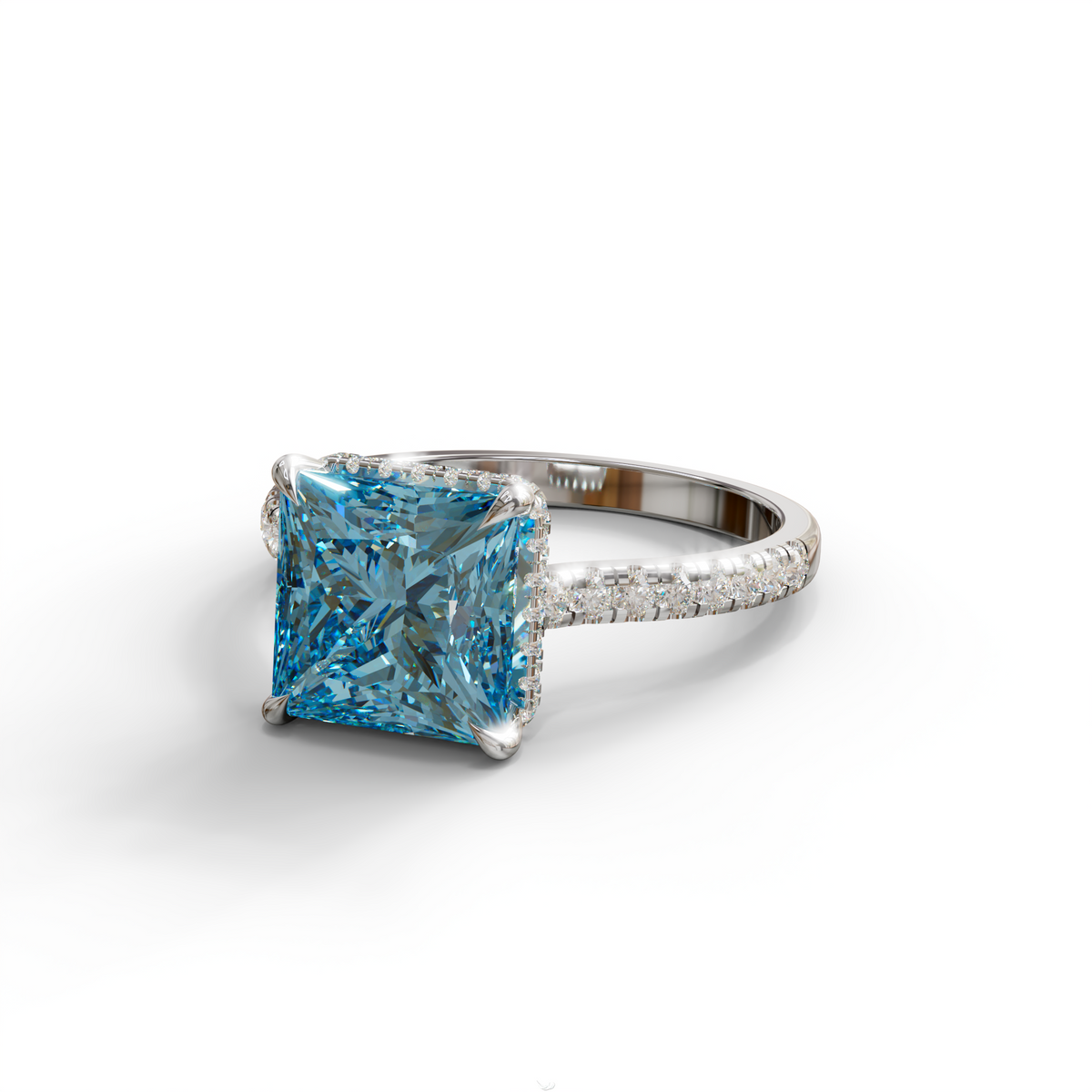 3 Carat Fancy Blue Princess Cut Hidden Halo Lab Grown Diamond Engagement Ring