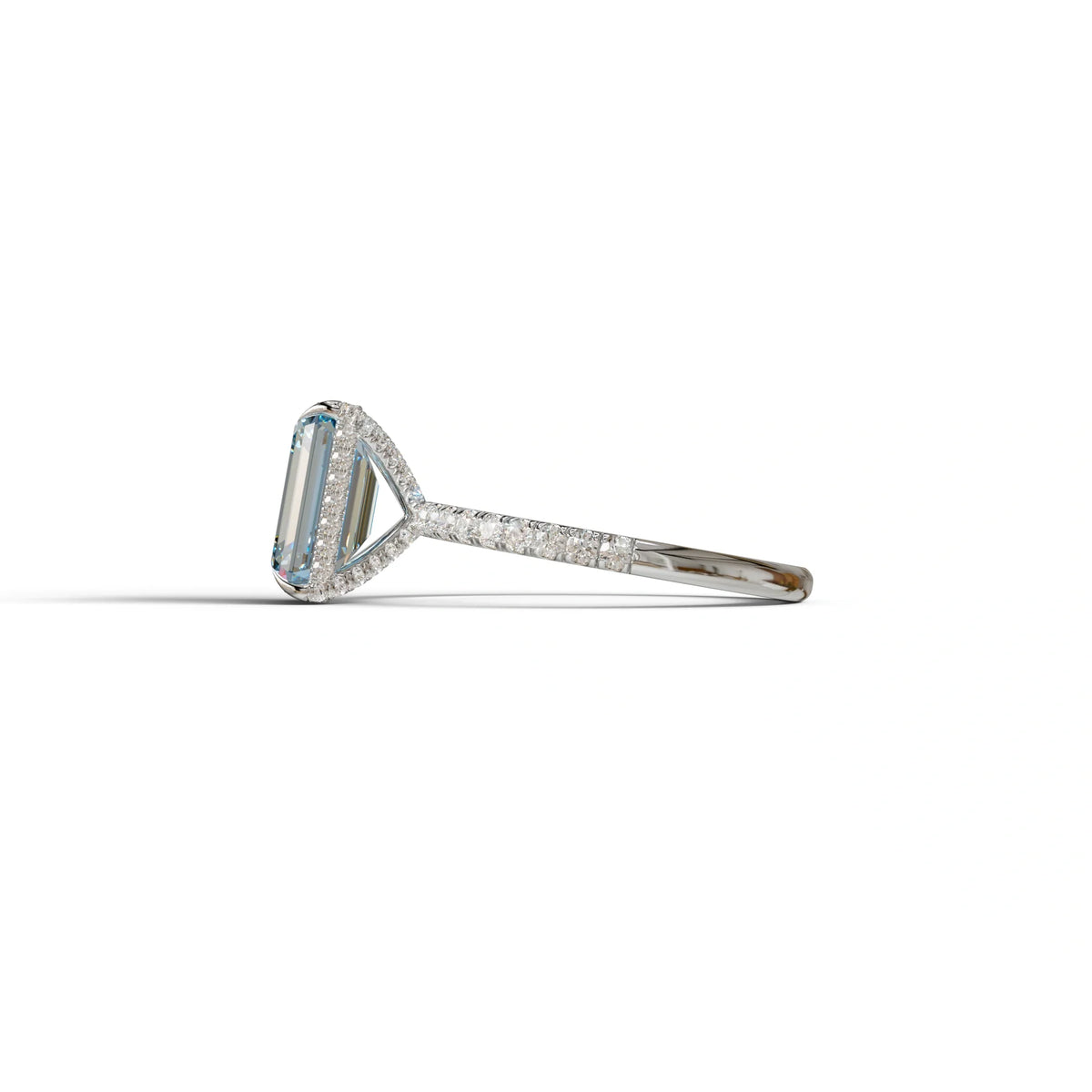 3 Carat Blue Emerald Cut Lab Diamond In Hidden Halo & Pave Setting Ring