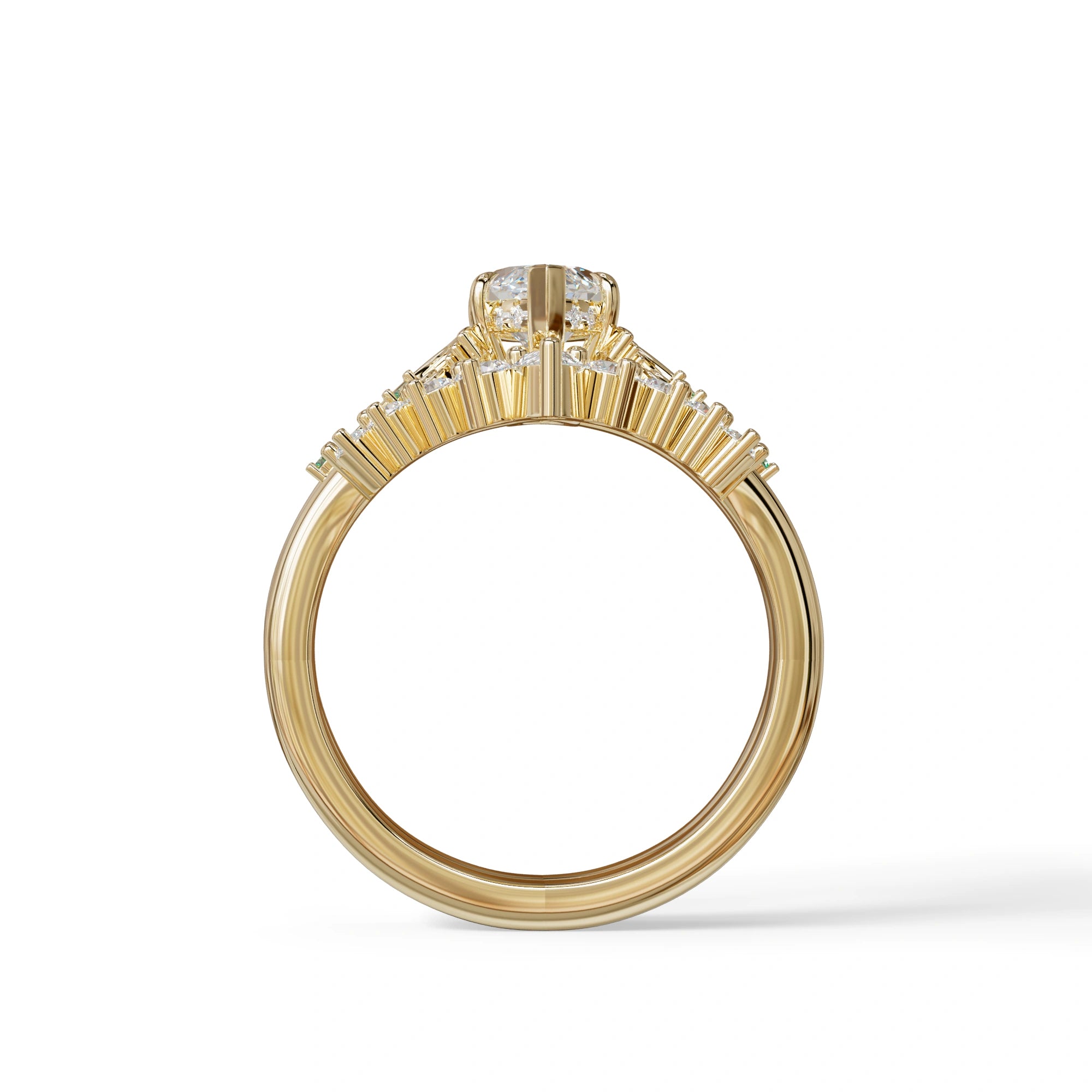 Custom 1.5 Carat Marquise Lab Grown Diamond Green-Accent Bridal Set in 14K Yellow Gold — view 4