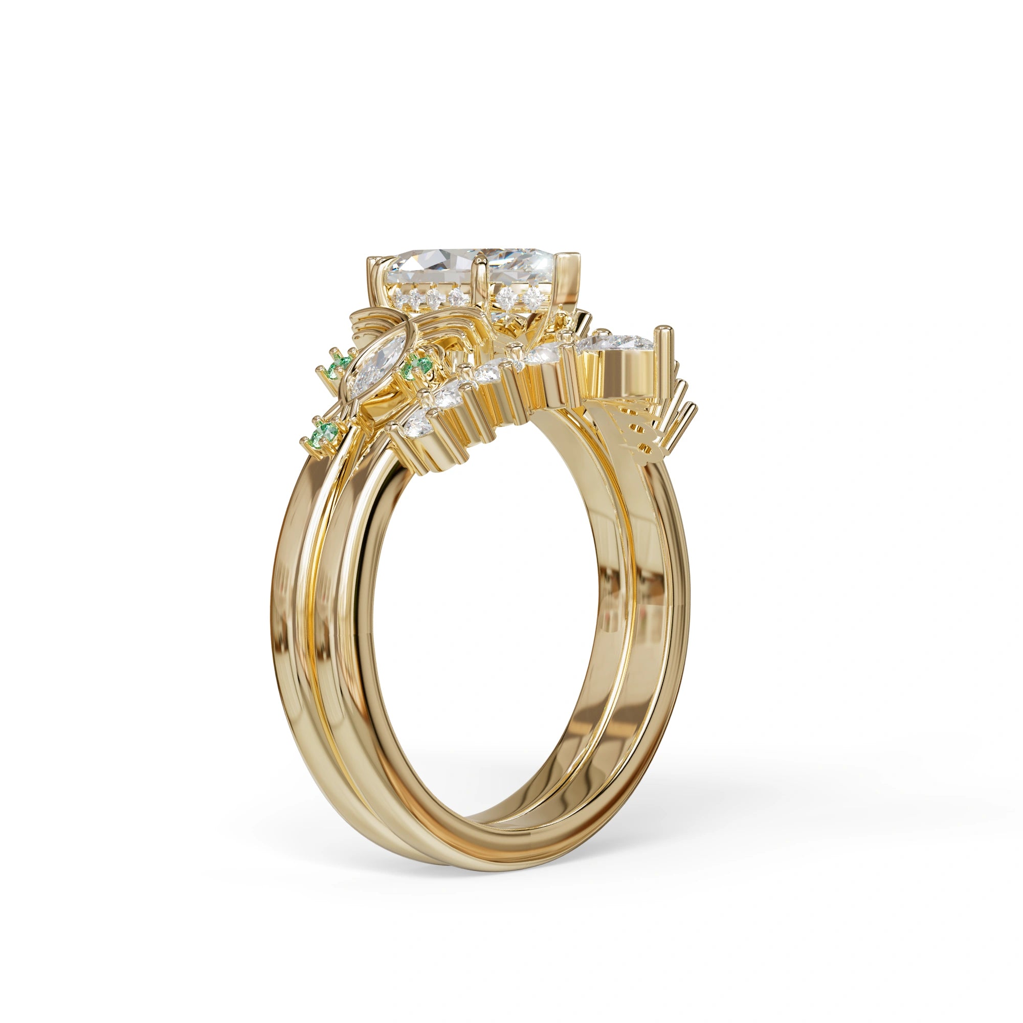 Custom 1.5 Carat Marquise Lab Grown Diamond Green-Accent Bridal Set in 14K Yellow Gold — view 2