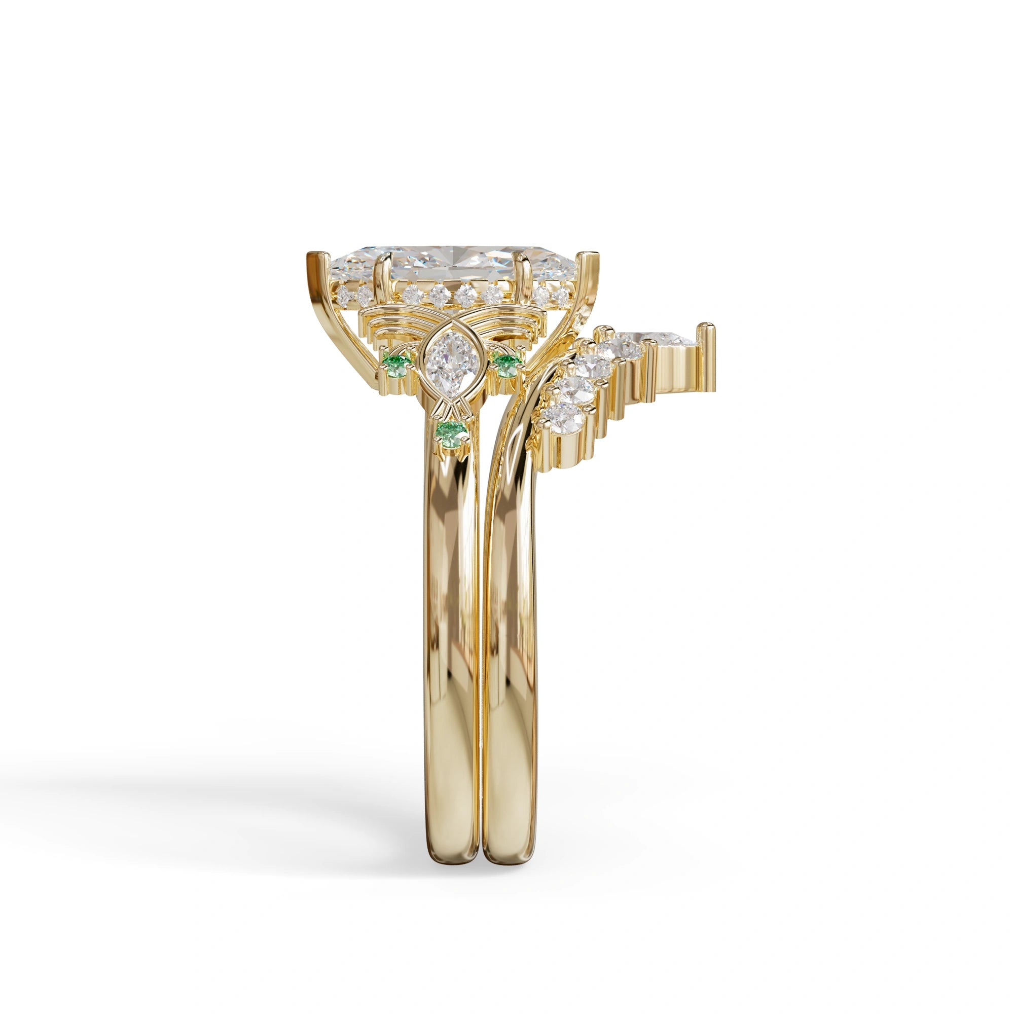 Custom 1.5 Carat Marquise Lab Grown Diamond Green-Accent Bridal Set in 14K Yellow Gold — view 3
