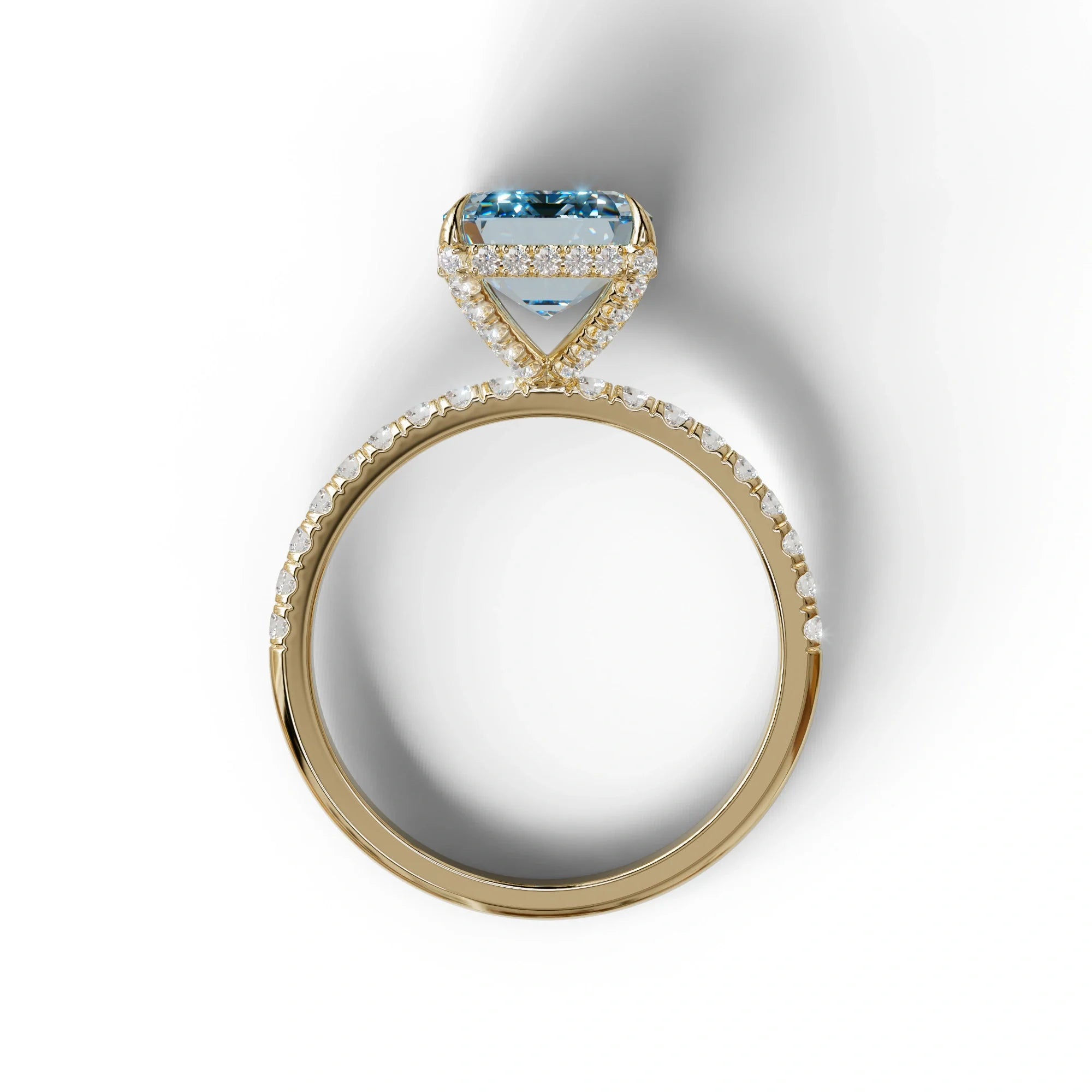 3 Carat Blue Emerald Cut Lab Diamond In Hidden Halo & Pave Setting Ring