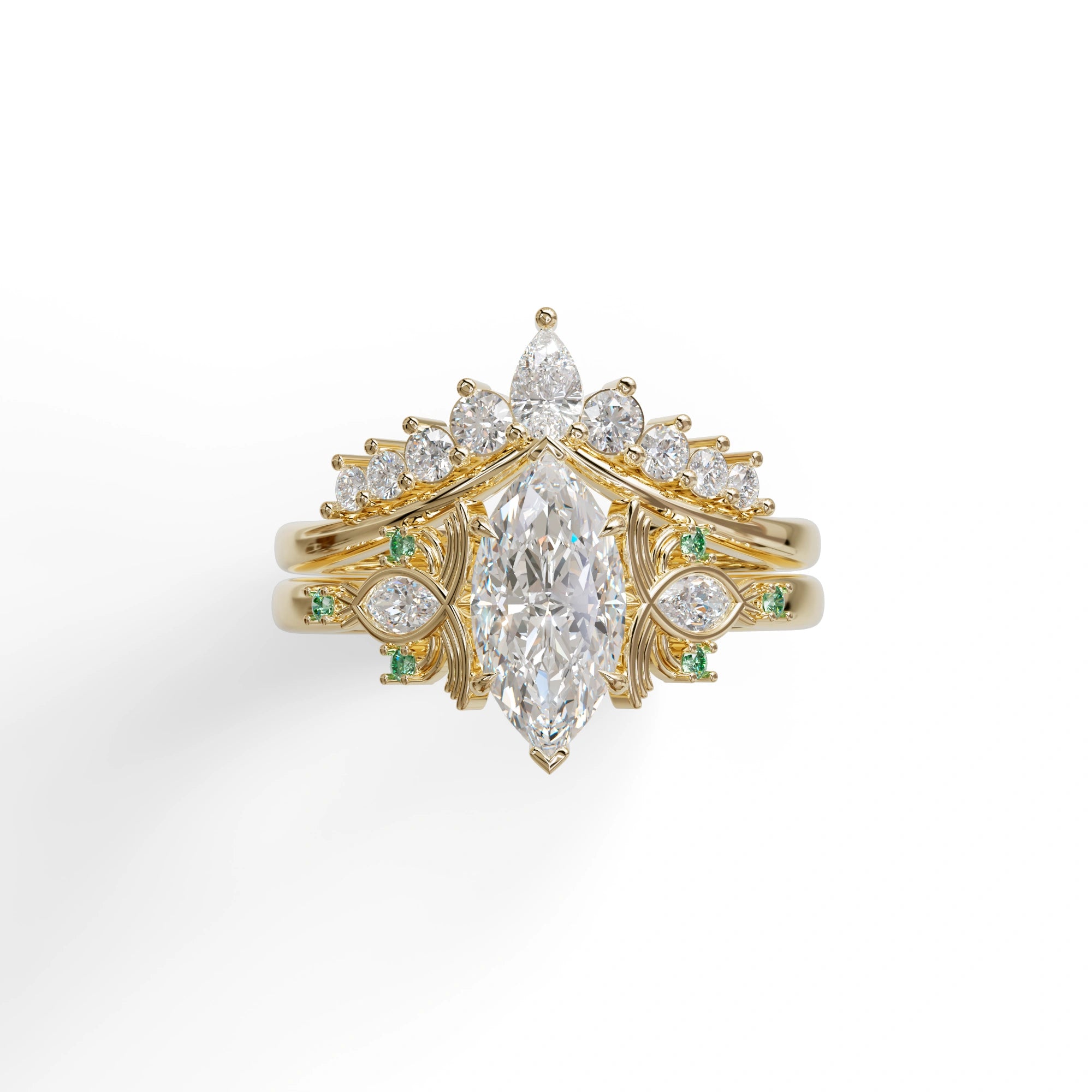 Custom 1.5 Carat Marquise Lab Grown Diamond Green-Accent Bridal Set in 14K Yellow Gold — view 1