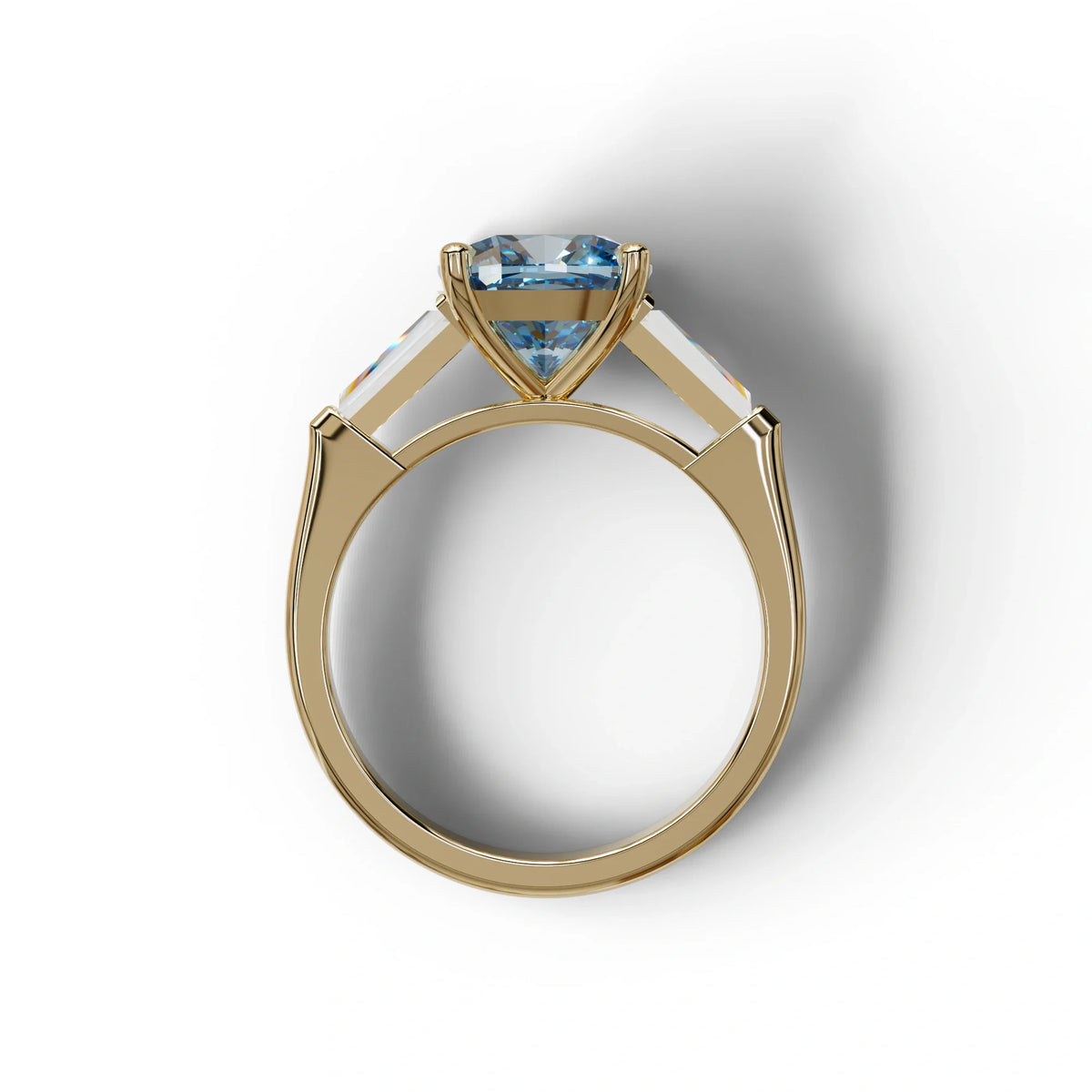 3 Carat Blue Cushion & Tapered Baguette Three Stone Engagement Ring