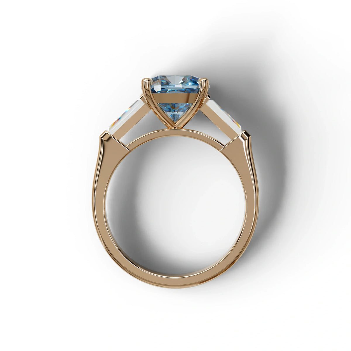 3 Carat Blue Cushion & Tapered Baguette Three Stone Engagement Ring