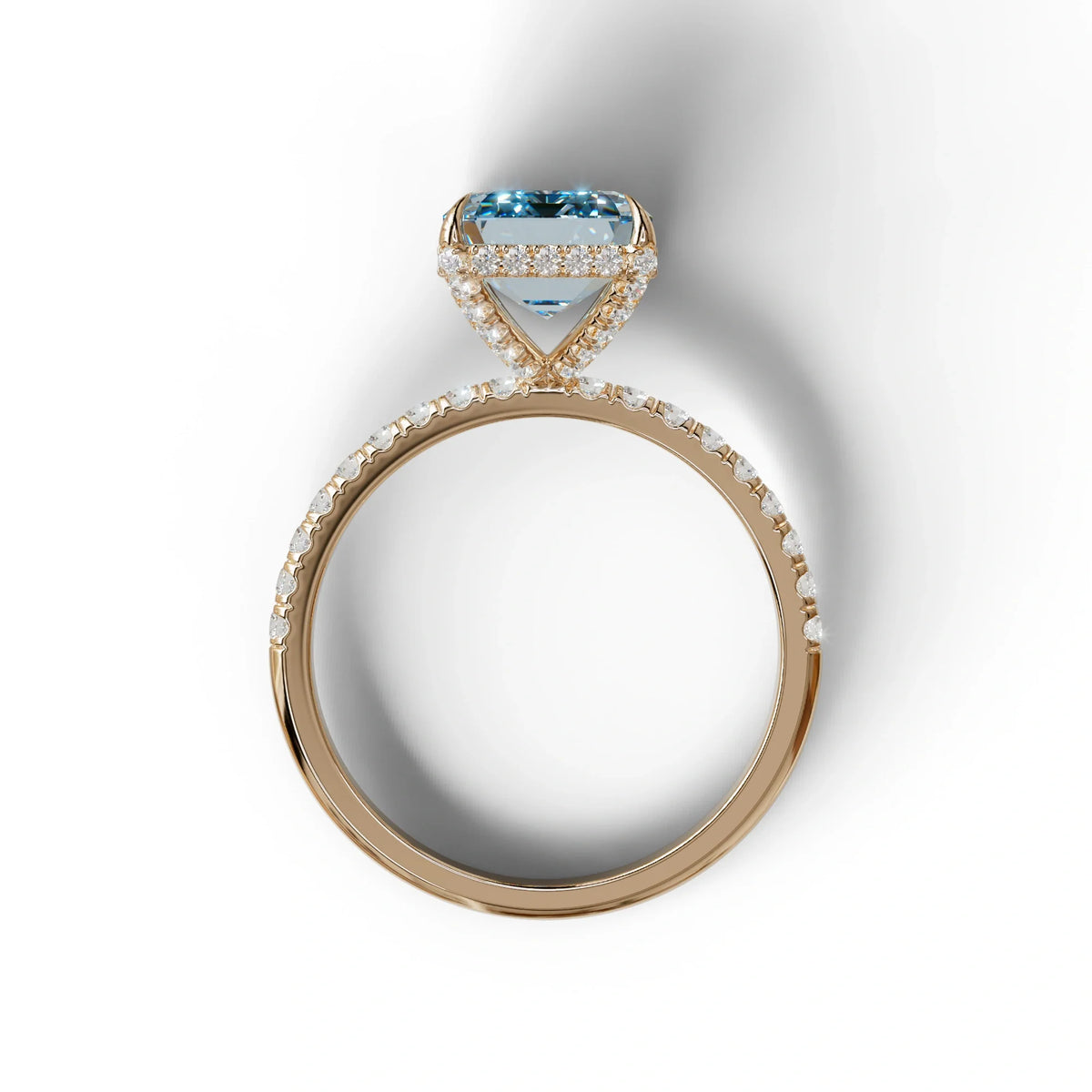 3 Carat Blue Emerald Cut Lab Diamond In Hidden Halo & Pave Setting Ring