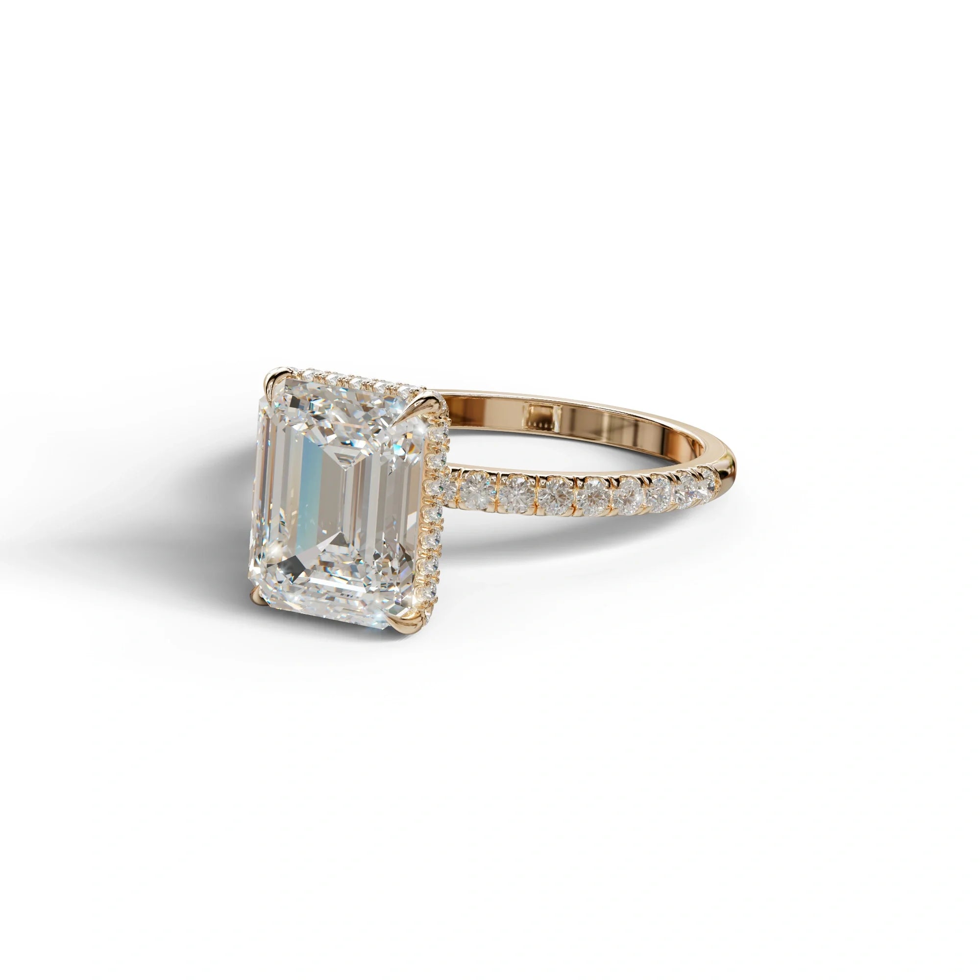 3 Carat E-VVS Emerald Cut Lab Diamond In Hidden Halo & Pave Setting Ring