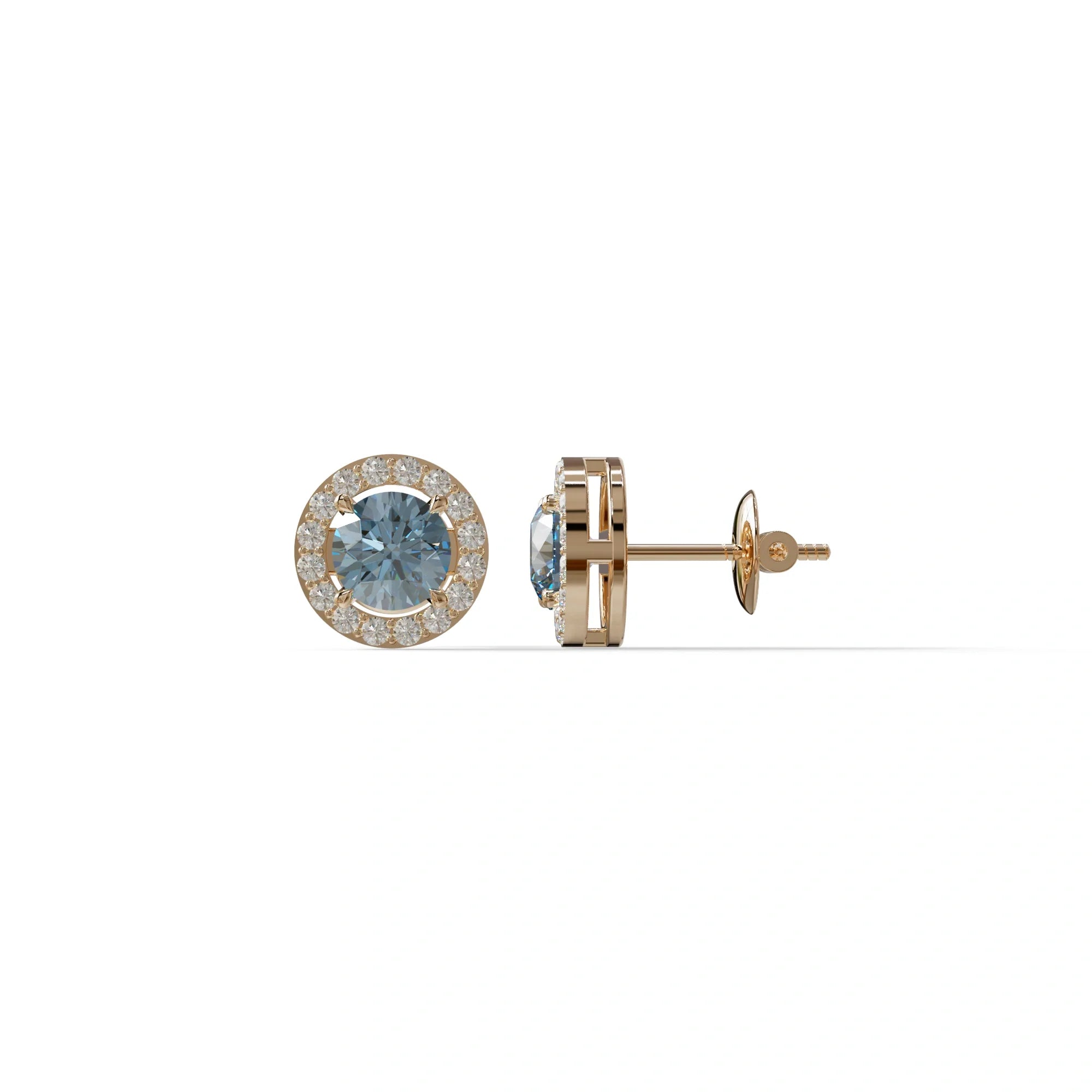 Ciera - Stunning Blue Color Round Diamond Stud Earrings | Halo Setting | Certified