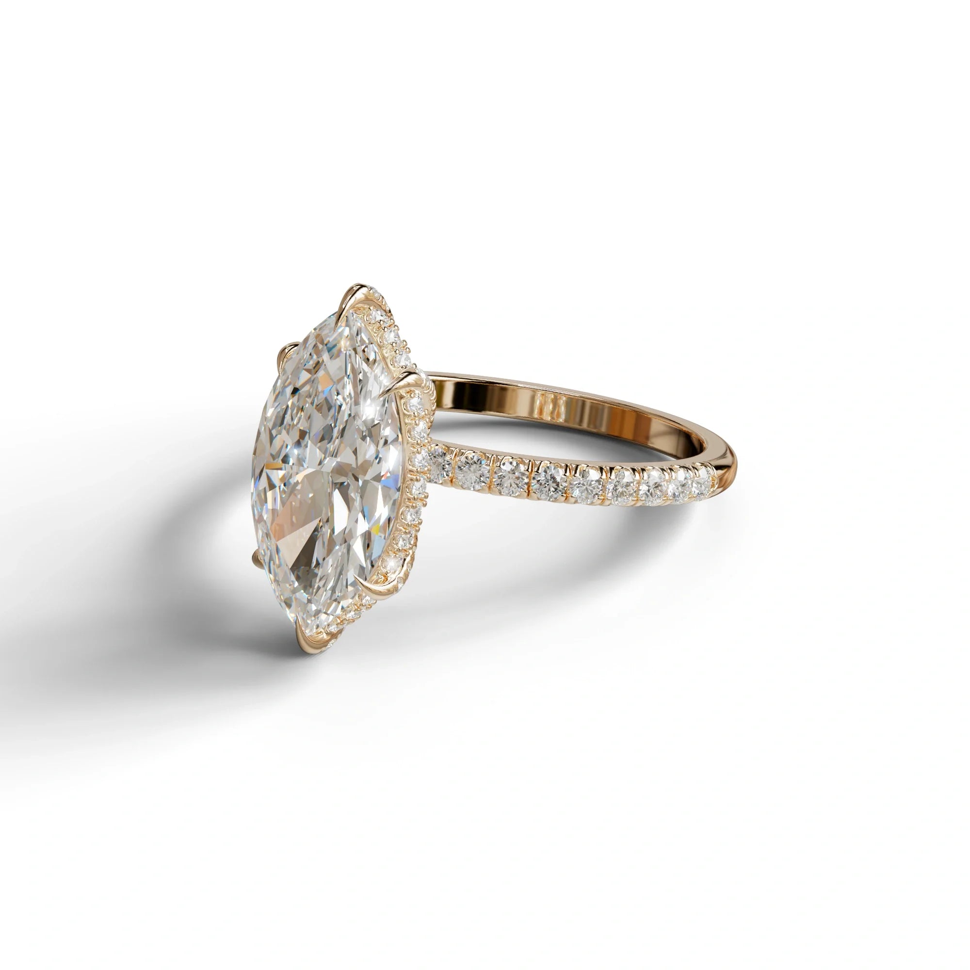 3 Carat E-VVS Marquise Cut Lab Diamond In Hidden Halo & Pave Setting Ring