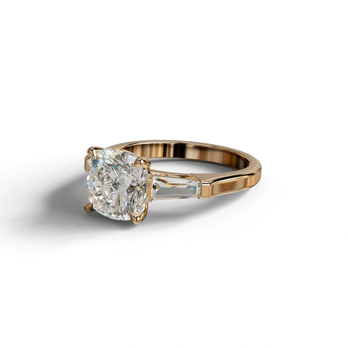 3 Carat E-VVS Cushion & Tapered Baguette Three Stone Engagement Ring