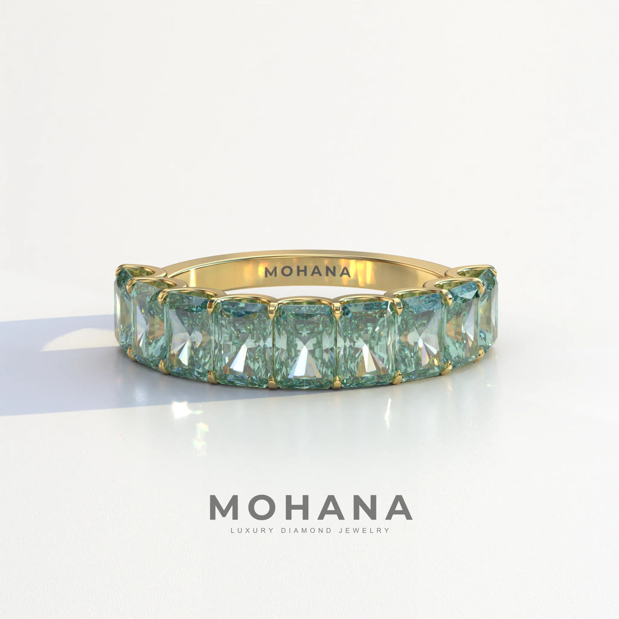 5mm Green Radiant Cut Lab Diamond Band - Halfway Eternity Band - Amber Bloom - 10K Solid Gold / Yellow Gold