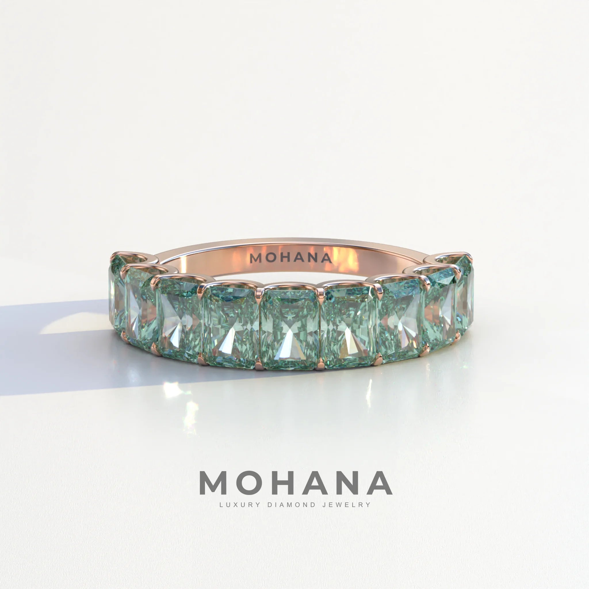 5mm Green Radiant Cut Lab Diamond Band - Halfway Eternity Band - Amber Bloom - 10K Solid Gold / Rose Gold