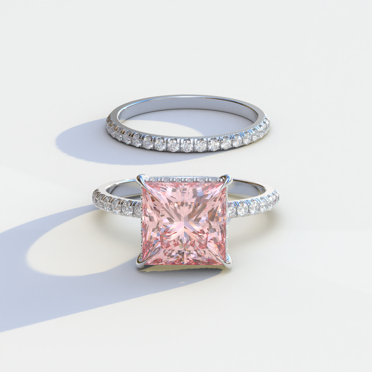 3 Carat Pink Princess Cut Hidden Halo & Pave Diamond Ring Set	